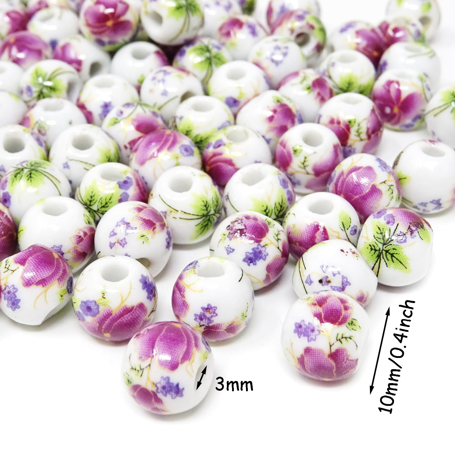 100PCS 10mm Ceramic Beads for Jewelry Making - Purple Peony Porcelain Flower Spacer Beads with Drawstring Bag - DIY Craft Supplies for Necklaces, Earrings, Bracelets - Perfect for Handmade Gifts & Boho Style Accessories