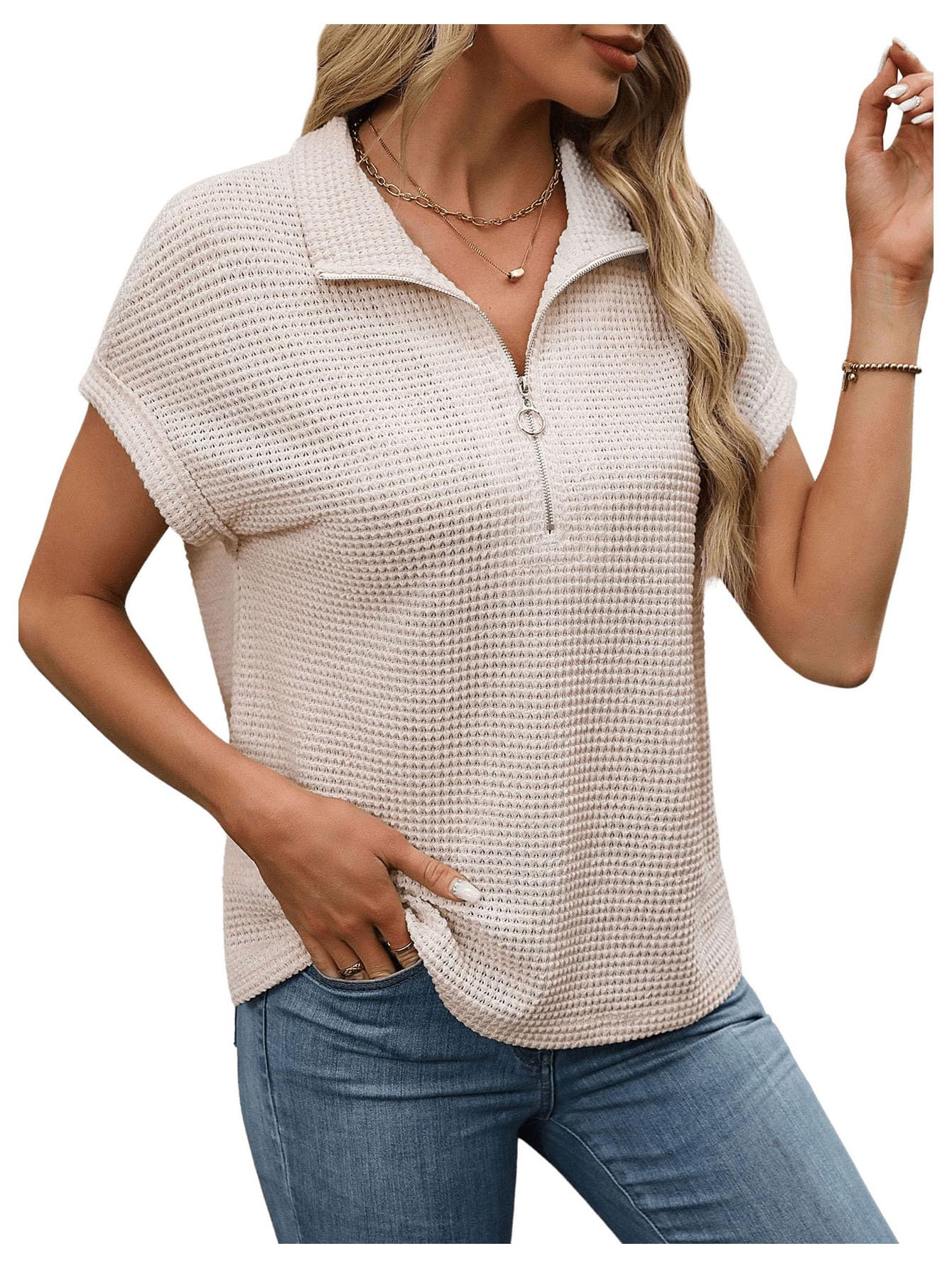 WDIRARA Women's Casual Waffle Knit Zipper Half Placket Tee Shirt - Mesh Short Sleeve Crop Top for Summer Outfits, Streetwear & Layering