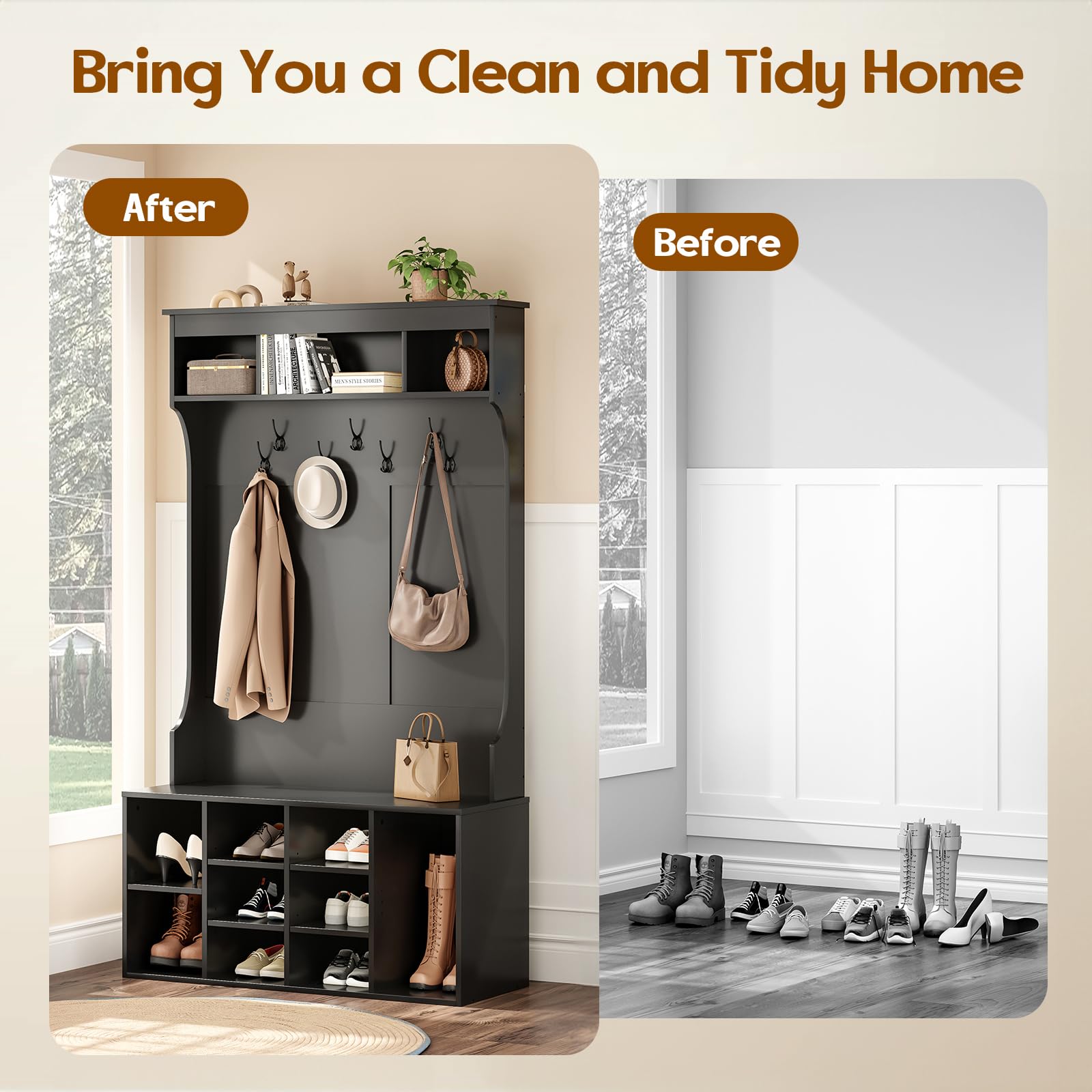 Soohow 70.9 Inches Freestanding Hall Tree with Bench & Shoe Storage - Entryway Organizer with 7 Coat Hooks, Adjustable Mudroom Bench - Perfect for Entryway, Foyer, Mudroom & Home Organization (Black)