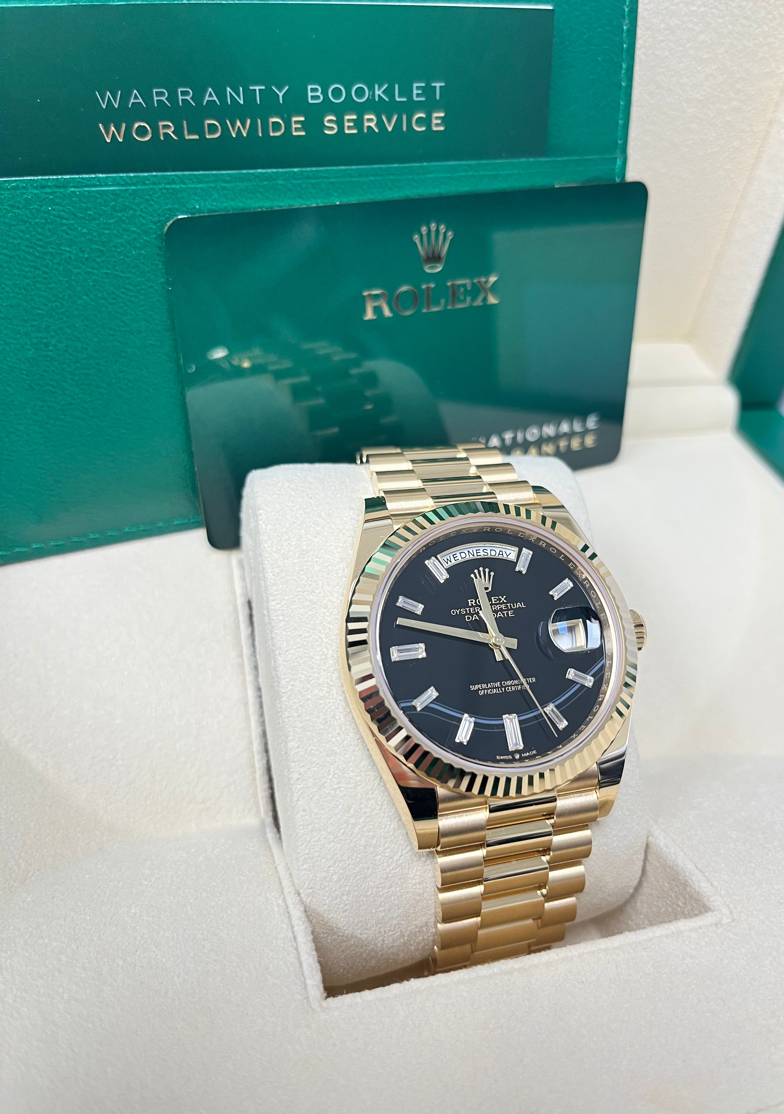 Rolex Day Date 40 Yellow Gold Men's Watch with Fluted Bezel, Onyx Dial & President Bracelet (Model 228238) - Luxury Dress Watch for Business & Formal Occasions