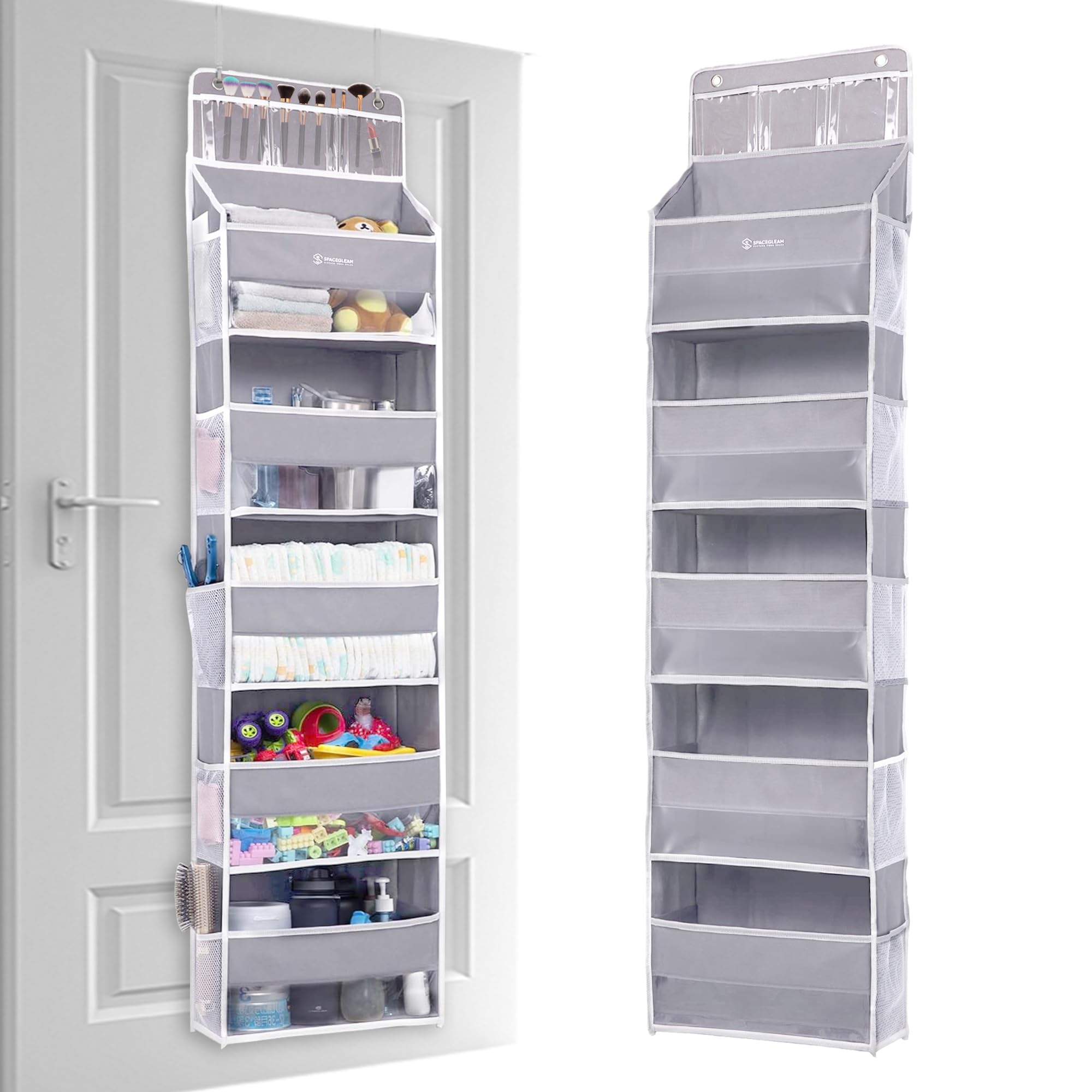 1 Pack Over Door Organizer with 5 Large Pockets & 10 Mesh Side Pockets - Hanging Storage Organizer with Clear Window for Kids Toys, Shoes, Diapers - Grey 5-Layer Space-Saving Solution for Nursery, Closet & Bathroom Organization