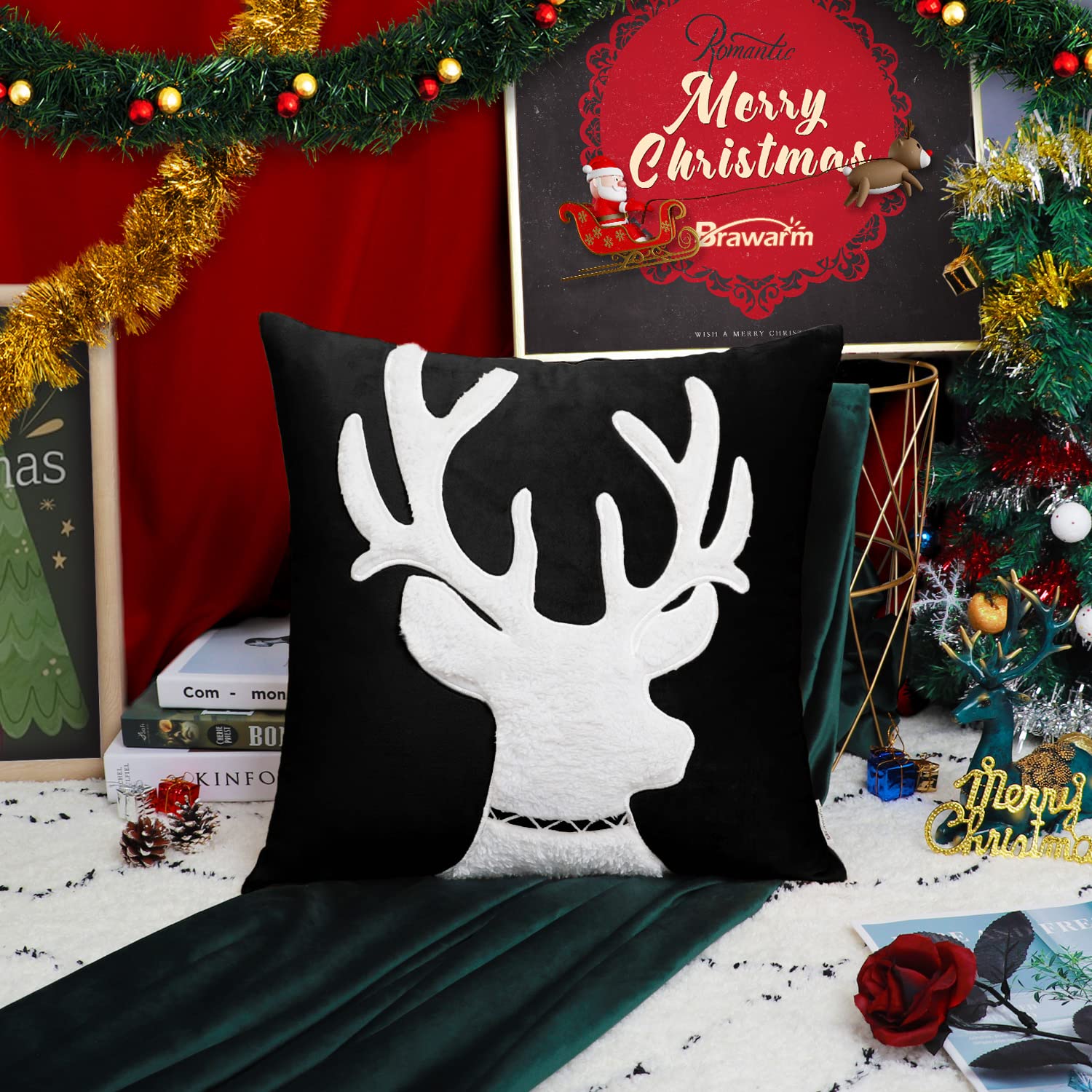 BRAWARM Christmas Pillow Cover 20x20 Inches - Black Reindeer Embroidered Velvet Throw Pillow for Couch, Bed, Sofa - Cozy Holiday Decor for Living Room & Home
