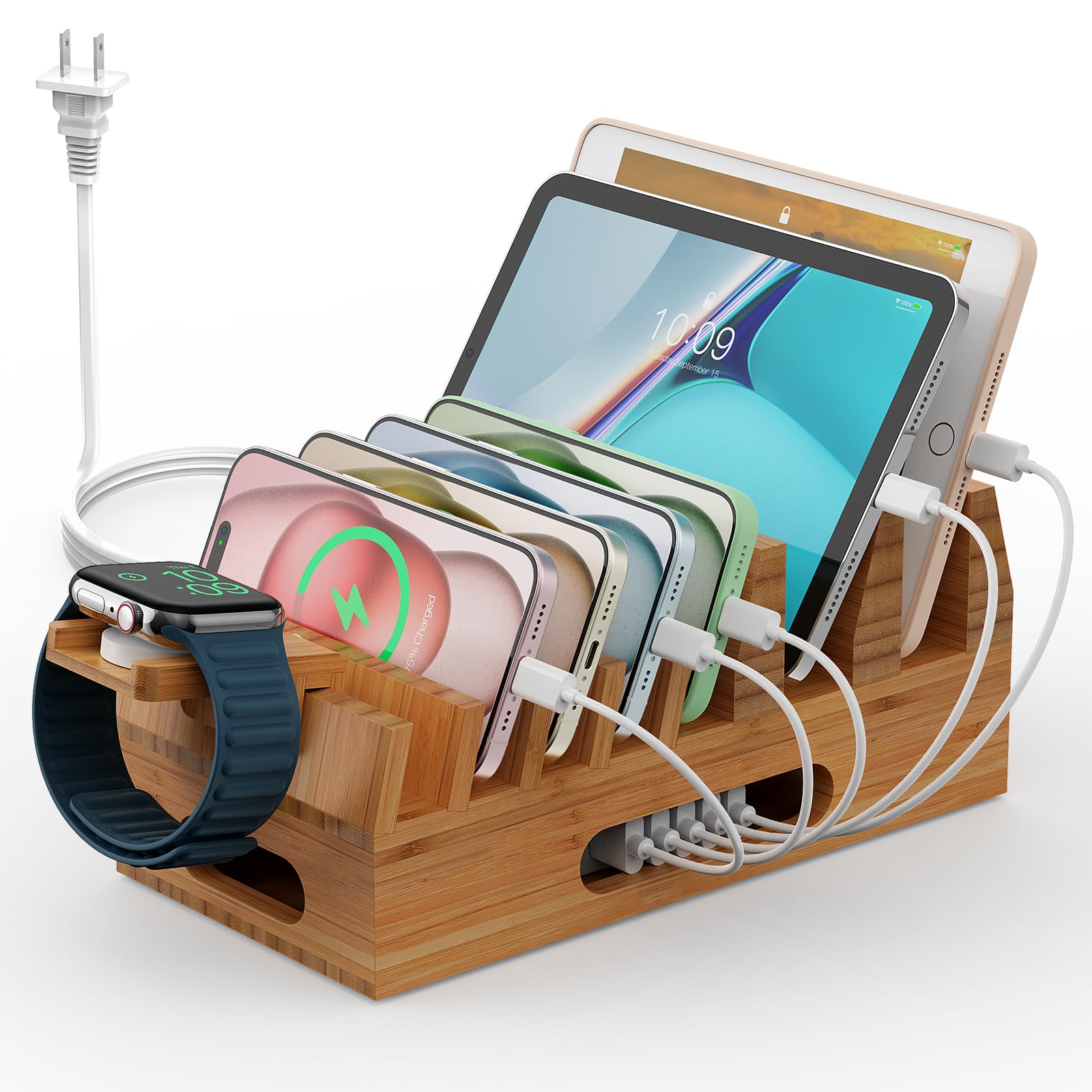 Pezin & Hulin 5-Port USB Bamboo Charging Station - Multi-Device Organizer for Phone, Tablet, Laptop & Smartwatch | Compact Wooden Dock Stand for Home, Office & Travel