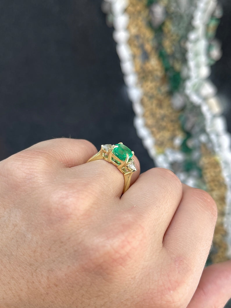 3.54tcw Vivid Colombian Cushion Cut Emerald & Heart Diamond Engagement Ring in 18K Gold - Perfect for Proposals, Anniversaries & Romantic Occasions