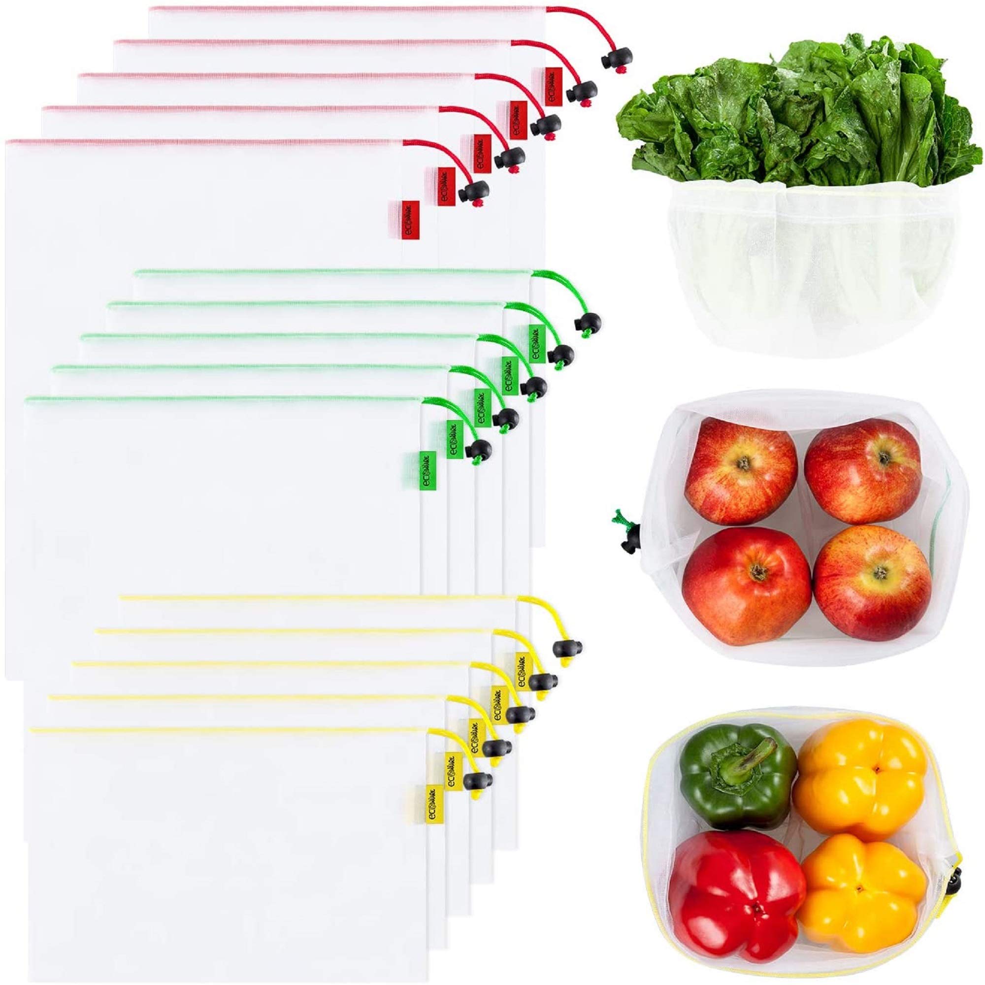 15 Pack Reusable Mesh Produce Bags for Grocery Shopping - 3 Sizes (5 Small, 5 Medium, 5 Large) Washable Fruit & Vegetable Bags with Drawstring & Tare Weight Tags - Eco-Friendly Shopping Bags for Farmers Market, Supermarket & Bulk Food Storage