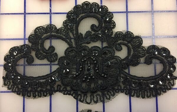 Elegant Black Beaded Lace Applique Trim - Perfect for Wedding Dresses, Evening Gowns & DIY Fashion Projects