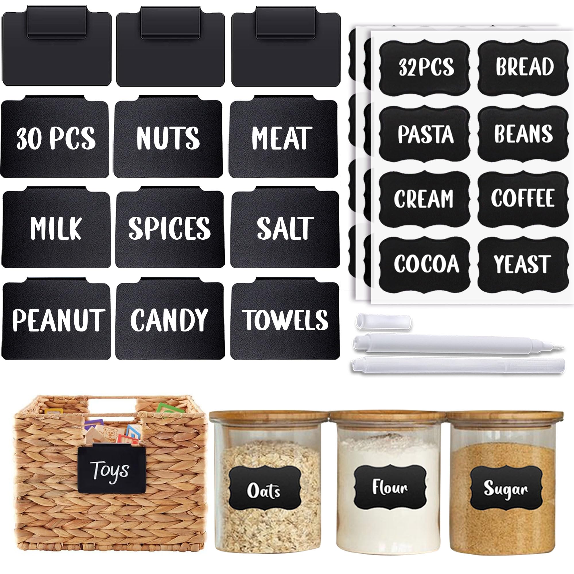 94-Piece Basket Label Set with Clip-On Labels, Chalkboard Labels & Pre-Printed Stickers - Perfect for Pantry Organization, Storage Bins & Home Decluttering (Includes 2 Chalk Markers) - Ideal for Kitchen, Garage & Closet Organization