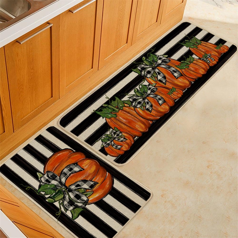 GEEORY Fall Kitchen Mats Set of 2 - Striped Pumpkin Bowknot Non-Slip Floor Mats for Farmhouse Decor, Thanksgiving & Holiday Season, 17x29 & 17x47 Inch (Striped) GK068 - Perfect for Entryway, Living Room & Seasonal Home Decor