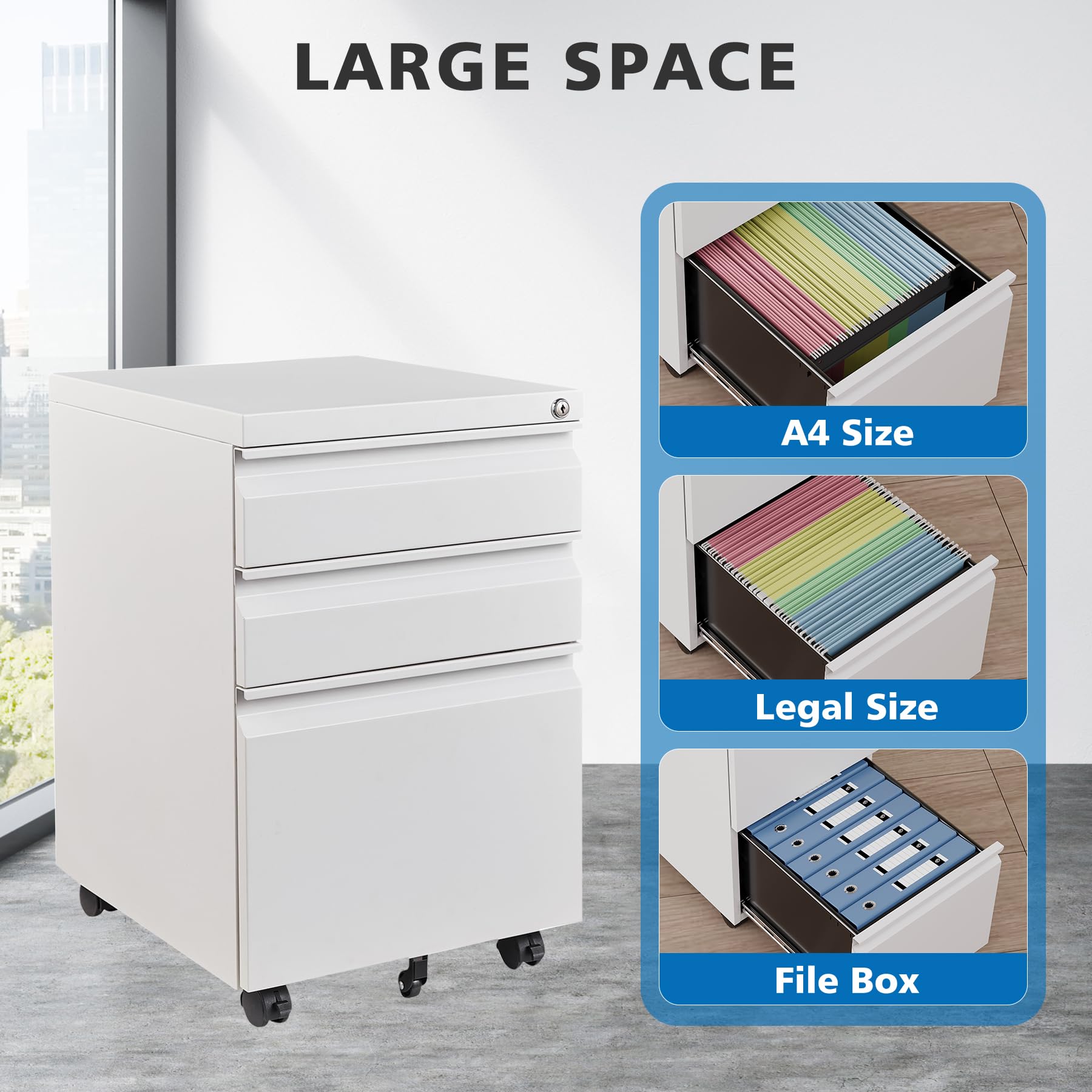 3-Drawer Locking Metal File Cabinet with Wheels - Mobile Vertical Storage for Office & Home - Fully Assembled (White) - Organize Documents, Files & Supplies in Style