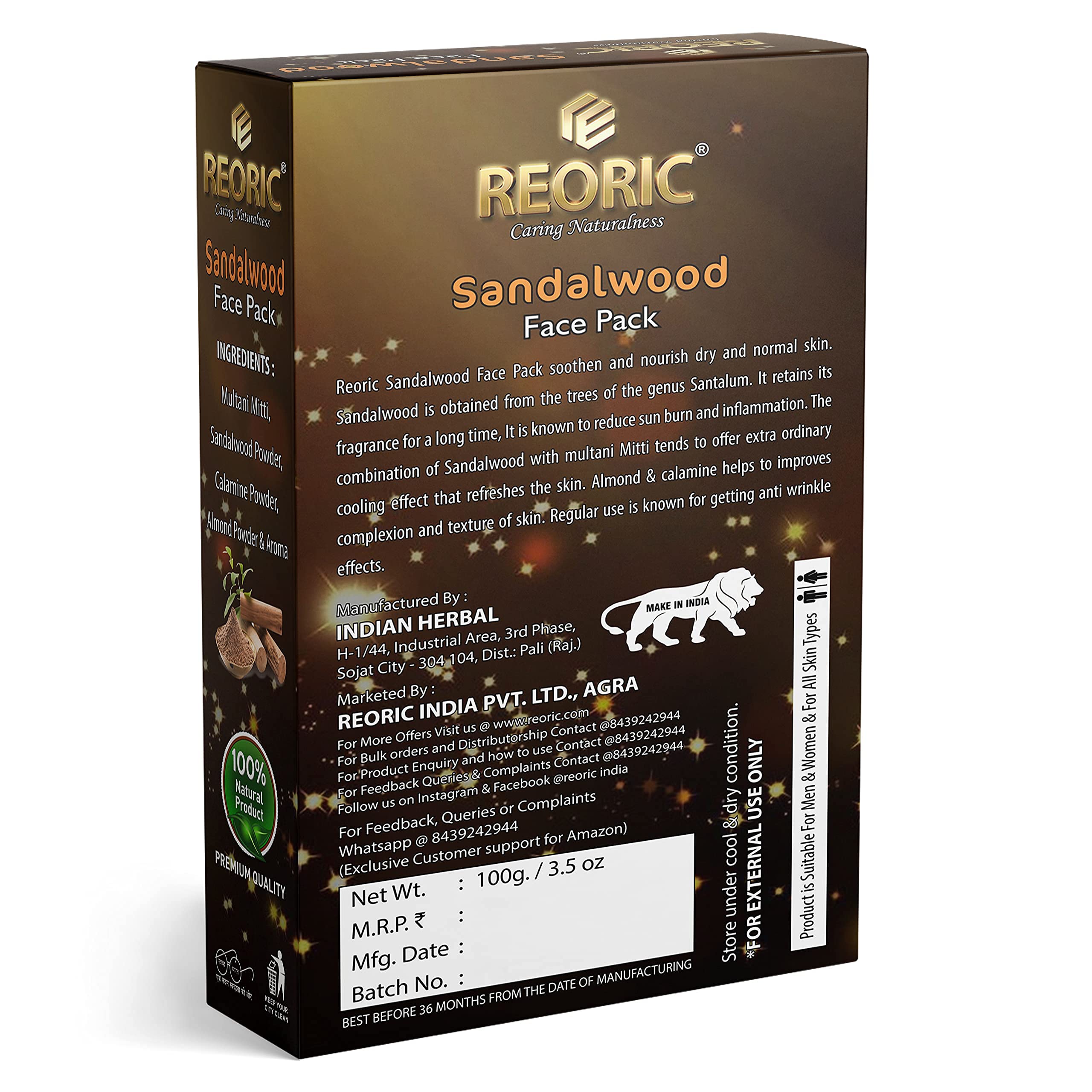 Reoric Organic Sandalwood Face Pack | Pure & Natural Chandan Powder Facial Mask for Glowing Skin | 100% Organic Sandalwood Powder for Face & Body Care | 100g Pack | Perfect for Spa, Ayurvedic Skincare & Daily Beauty Routine