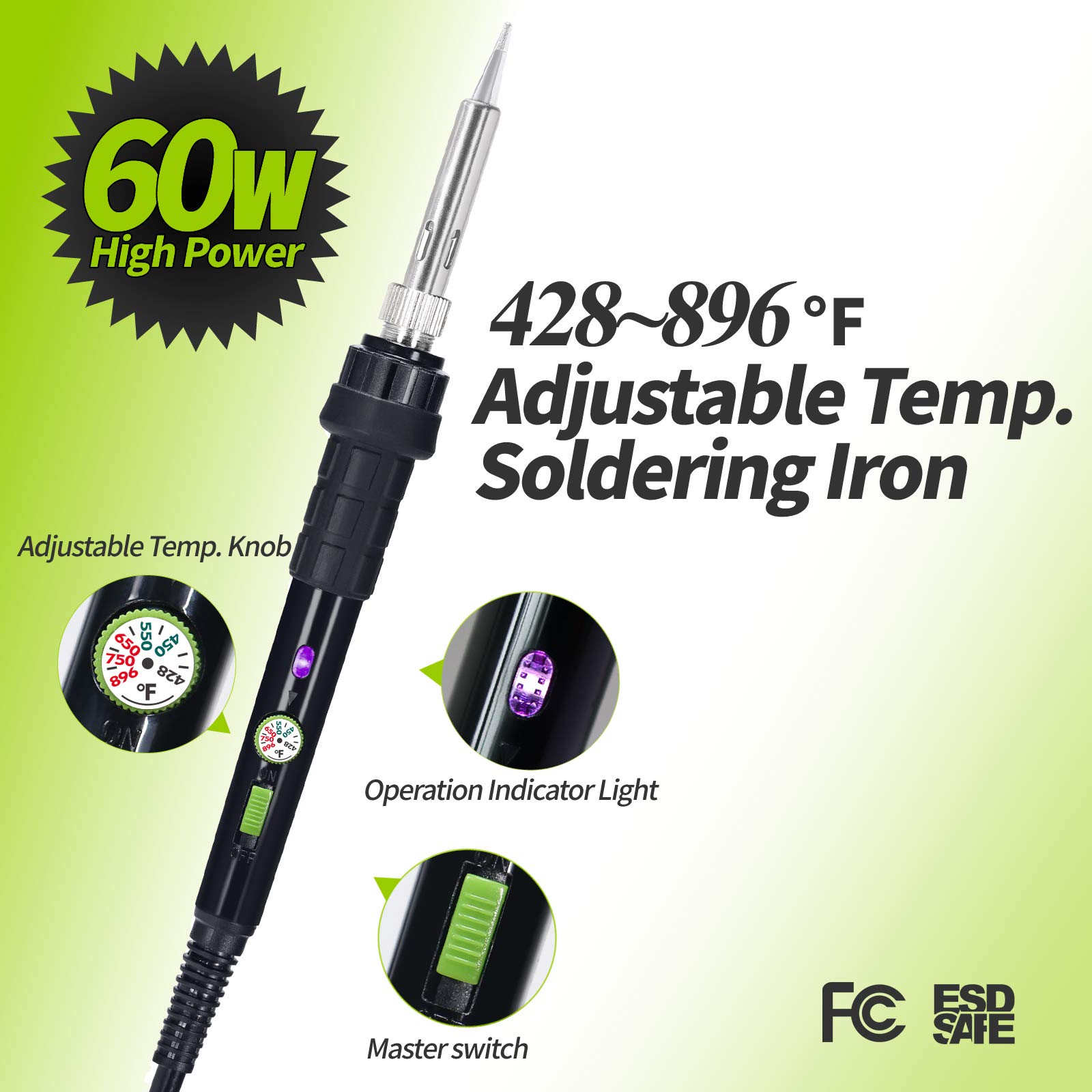YIHUA 947-III 60W Soldering Iron Kit with Temperature Control, On/Off Switch - Includes Soldering Iron Stand, Tip Cleaner & Sponge - 110V US Plug for Electronics Repair, DIY Projects & Home Use