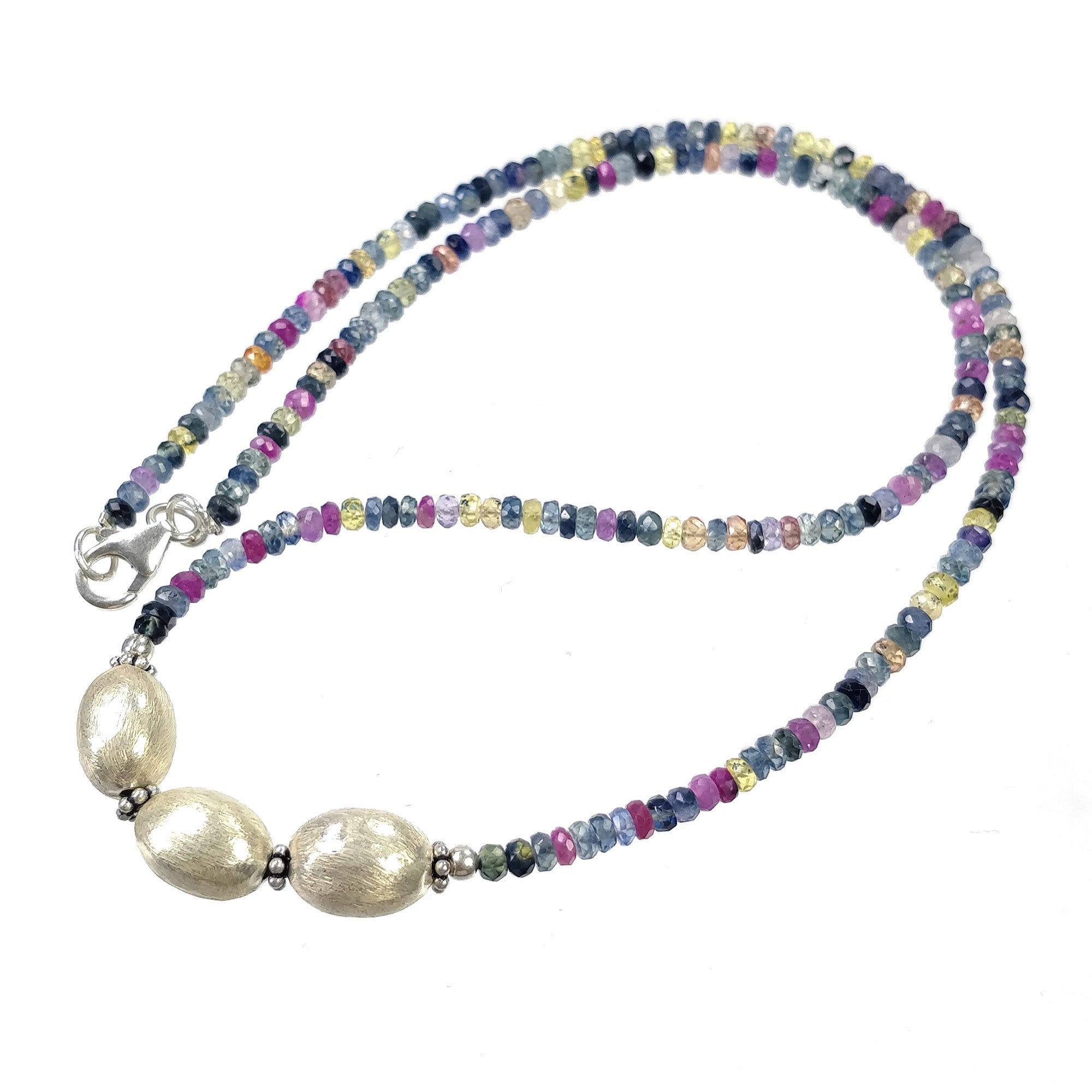 Natural Multi Sapphire Beaded Necklace for Women - 925 Sterling Silver Pendant Chain with Gemstone Beads - Elegant Jewelry Gift (18.5