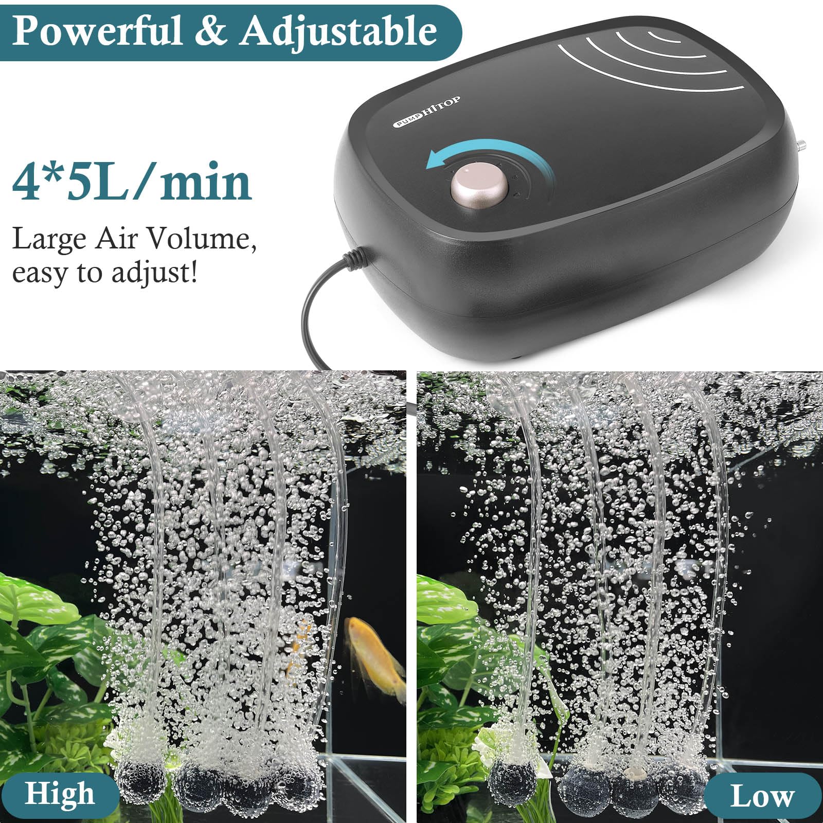 HITOP 10W High Power Aquarium Air Pump - 4 Outlets 320GPH Oxygen Pump for Fish Tank, Hydroponics & Pond | Ultra Quiet Aerator with Complete Accessories | Ideal for Home Aquariums, Hydroponic Systems & Outdoor Ponds