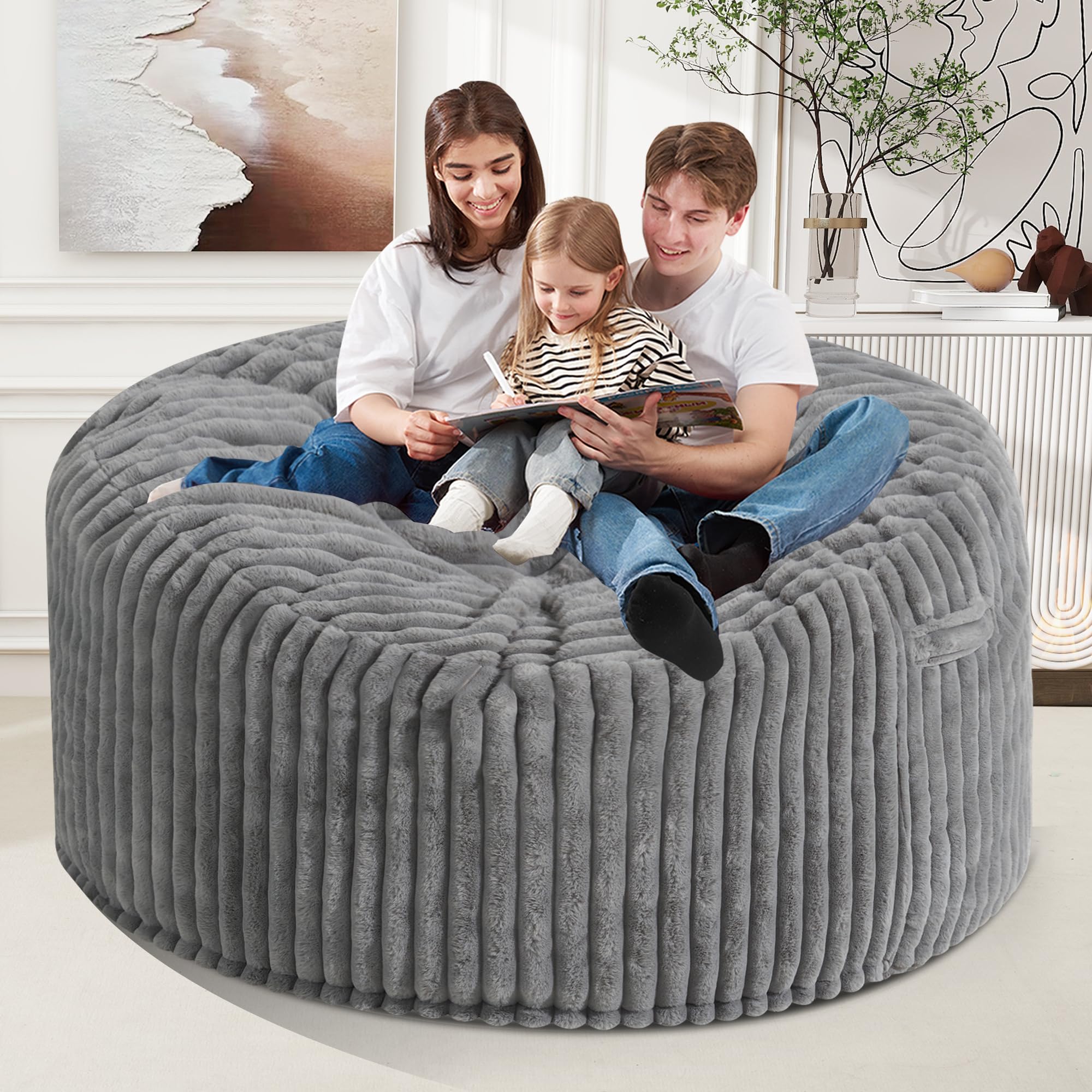 **Homguava 5 FT Memory Foam Bean Bag Chair - Large Soft Plush Sofa with Dutch Corded Cover, Grey - Perfect for Living Room, Bedroom, or Game Room Relaxation**