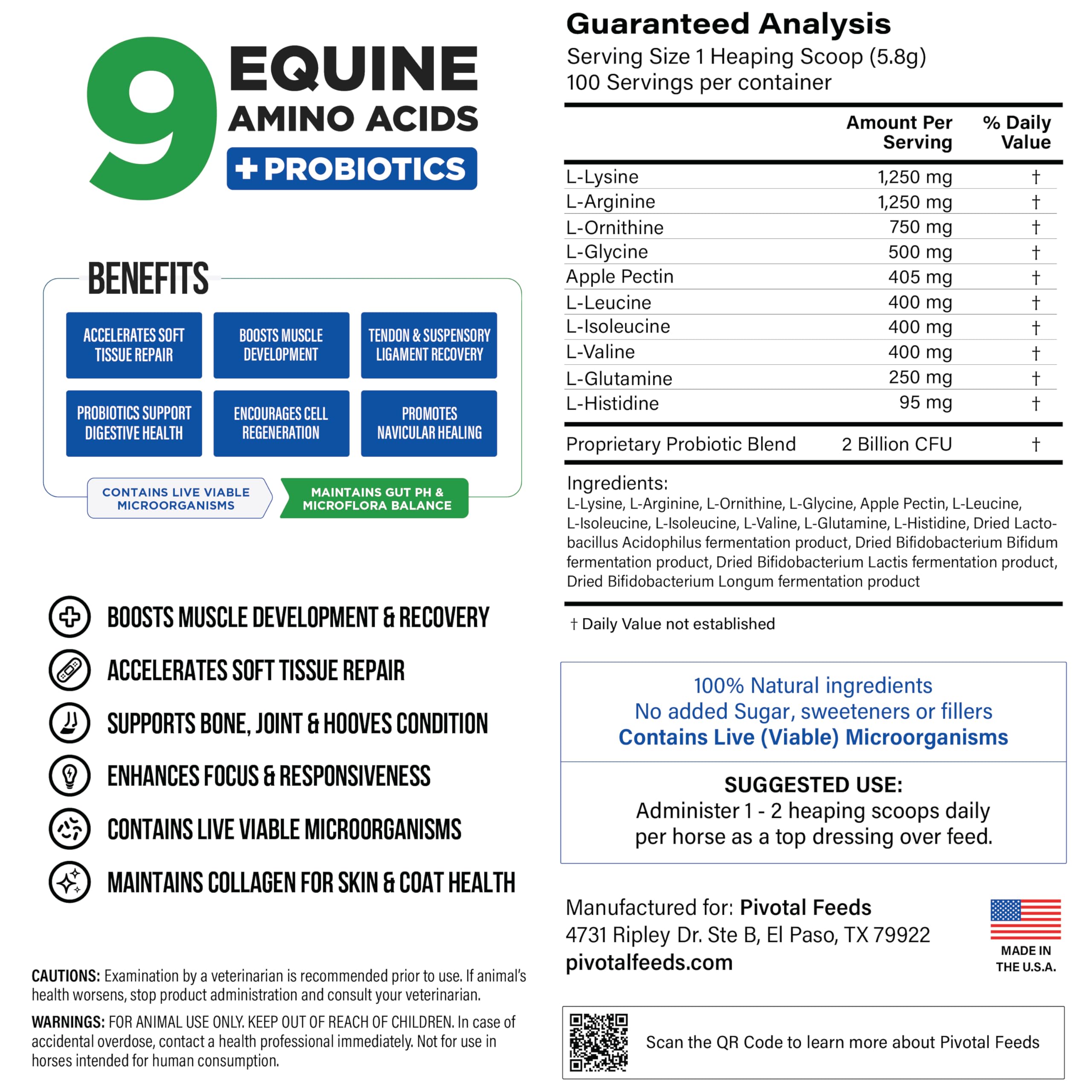 Equine Total Recovery Horse Supplement (620g - 100 Servings) - 9 Essential Amino Acids + Probiotics for Joint Health - Sugar Free, Soy Free, No Fillers - Supports Muscle Recovery & Digestive Health - Ideal for Performance Horses & Senior Equine Care