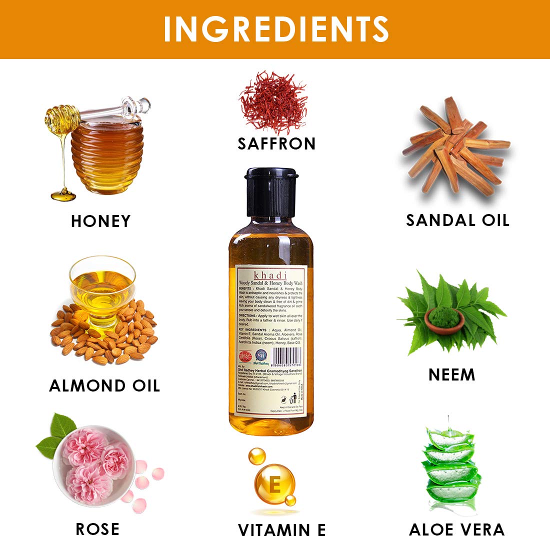 KHADI RISHIKESH Herbal Sandalwood & Honey Body Wash - 210ml | Natural Ayurvedic Cleanser for Dry & Sensitive Skin | Perfect for Daily Shower & Spa Relaxation