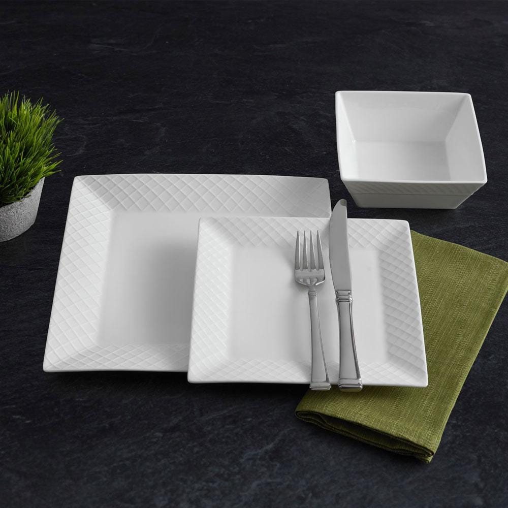 16-Piece White Square Trellis Dinnerware Set - Service for 4, Elegant Table Setting for Everyday Dining & Entertaining