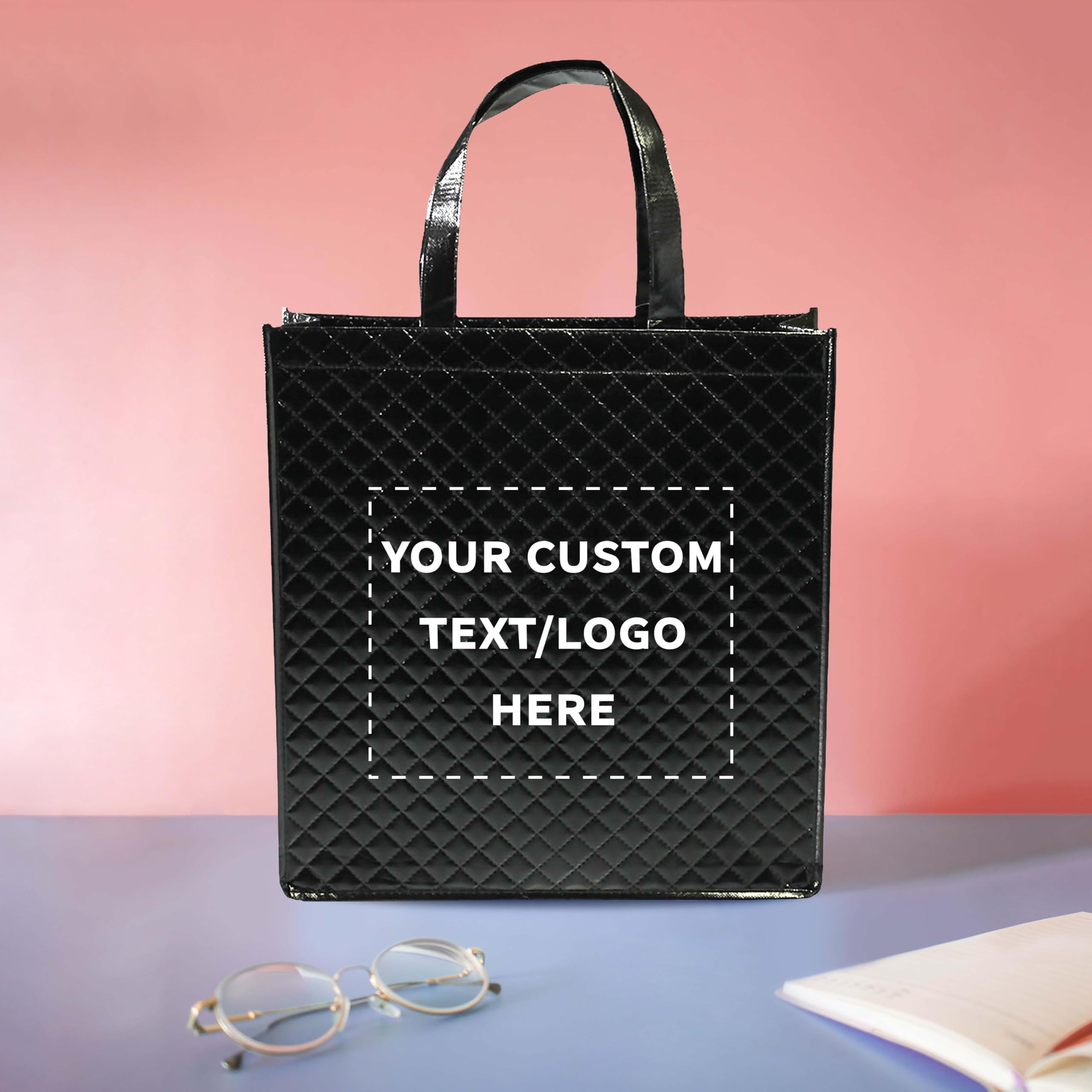 Custom Printed Laminated Tote Bags - Set of 10 Personalized Bulk Totes - Eco-Friendly Reusable Shopping Bags for Groceries, Beach Trips, Promotions & Events - Black