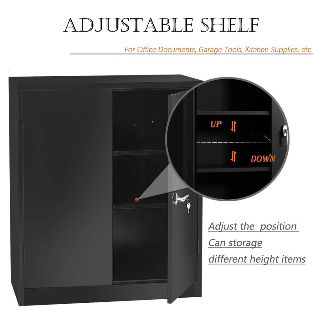 Superday Black Metal Storage Cabinet - Lockable Steel Cabinet with Doors & 2 Adjustable Shelves, Heavy Duty Office & Home Storage Solution for Garage, Workshop, and Utility Rooms
