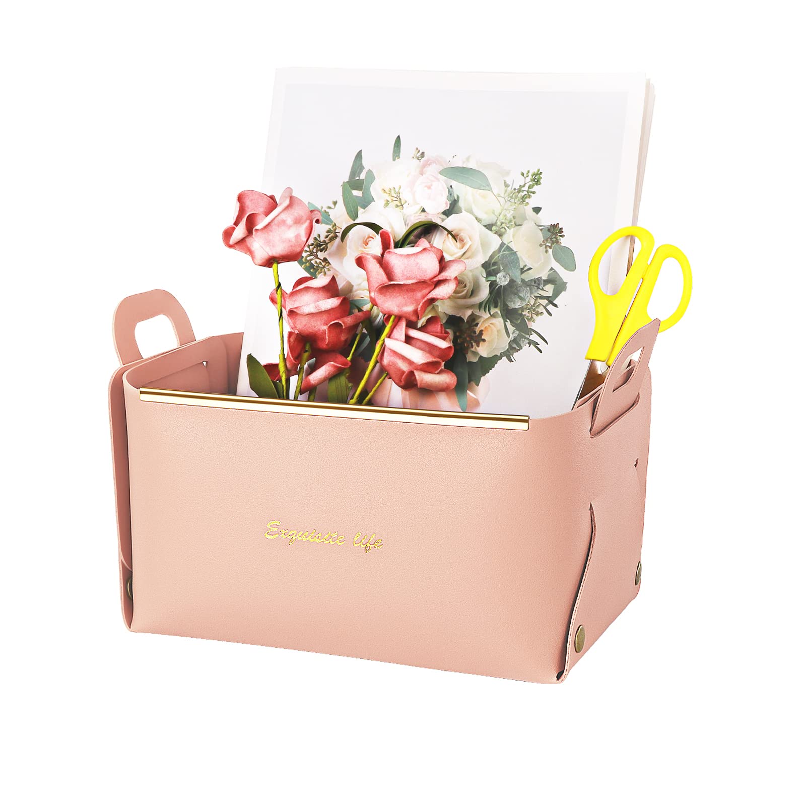 Socospace Leather Storage Basket & Nightstand Organizer - Pink Catchall Tray for Cosmetics, Jewelry, Watches, Keys & Phones | Perfect for Bedroom, Bathroom & Vanity Organization