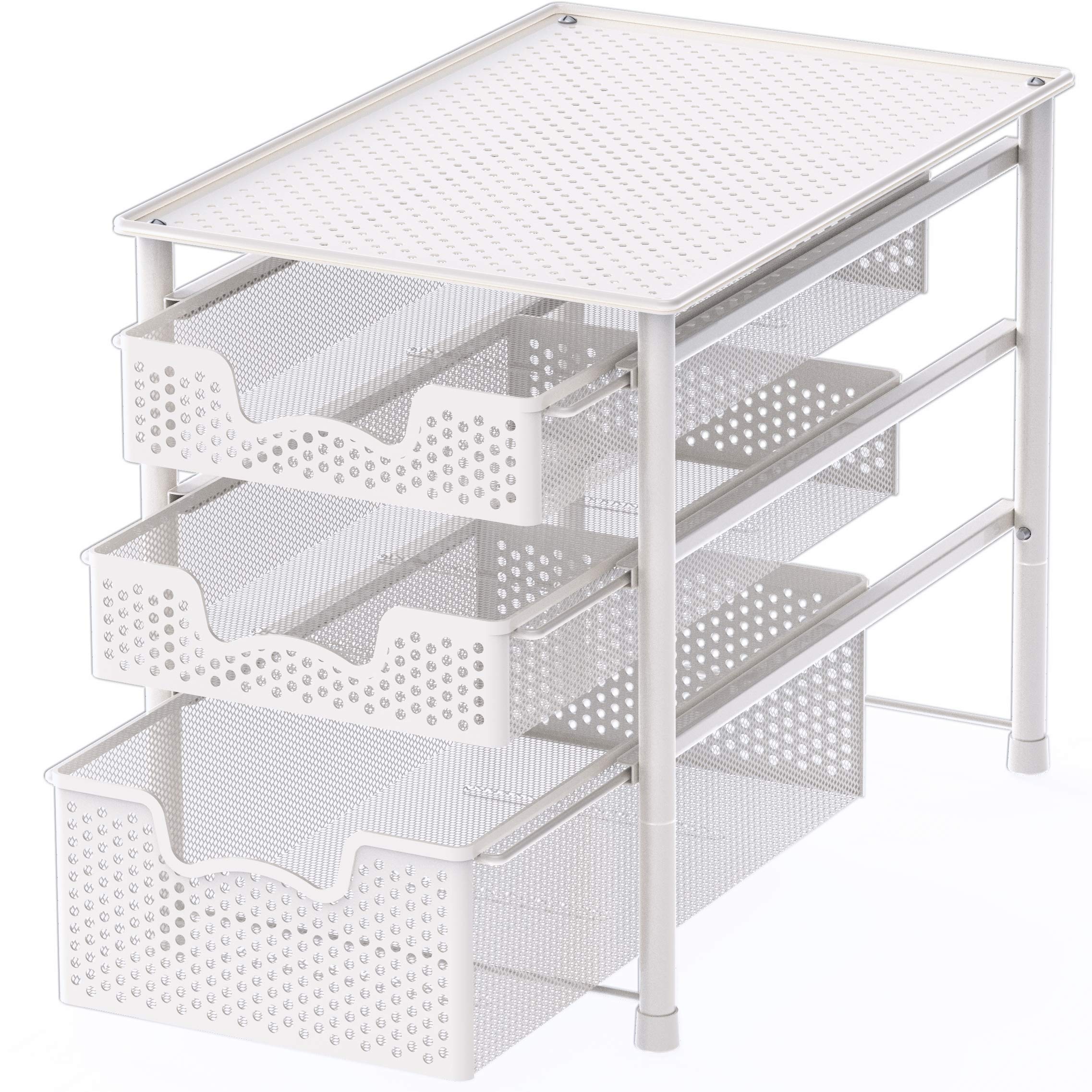 3-Tier Sliding Basket Organizer - White Alloy Steel Cabinet Drawer for Kitchen, Bathroom & Pantry Storage | Space-Saving Home Organization Solution