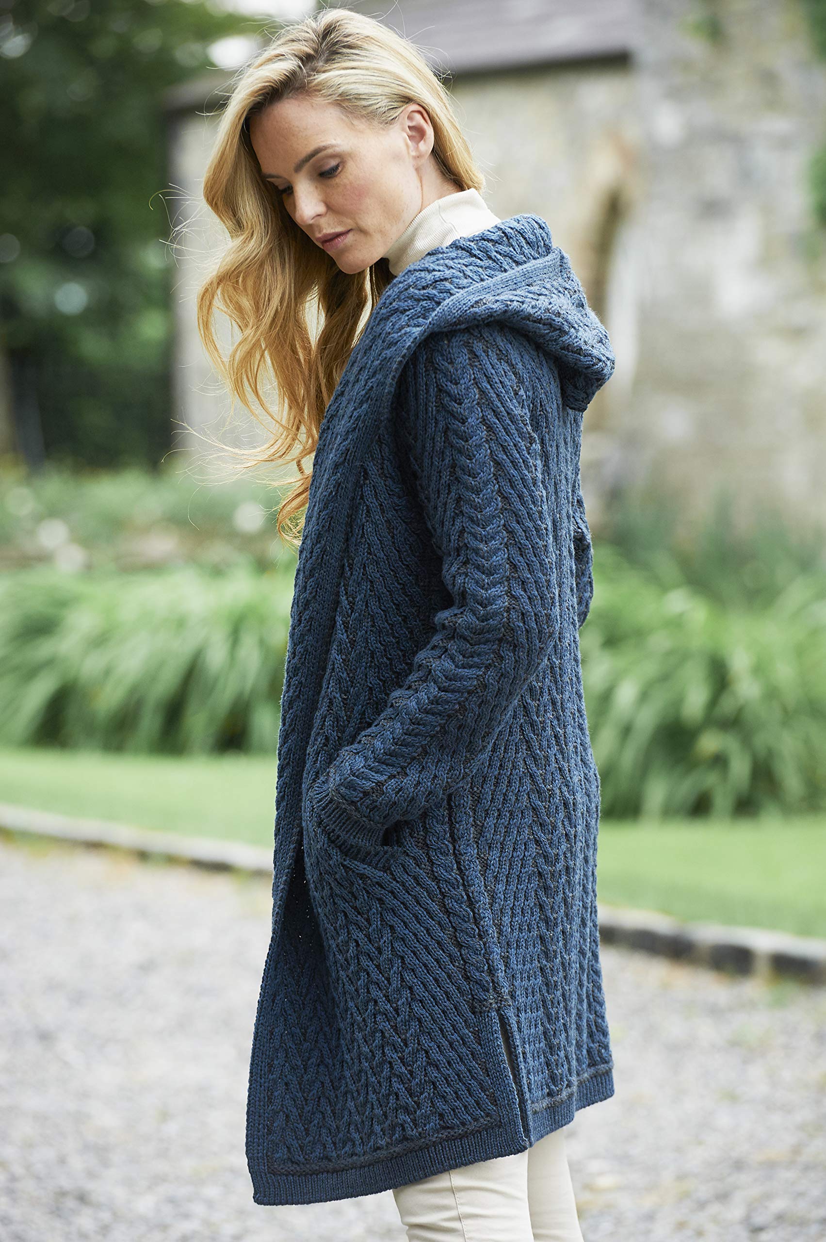 Aran Crafts Women's Cable Knit Herringbone Shawl Hood Coat - 100% Merino Wool Winter Warm Wrap - Perfect for Outdoor Activities, Travel & Casual Wear