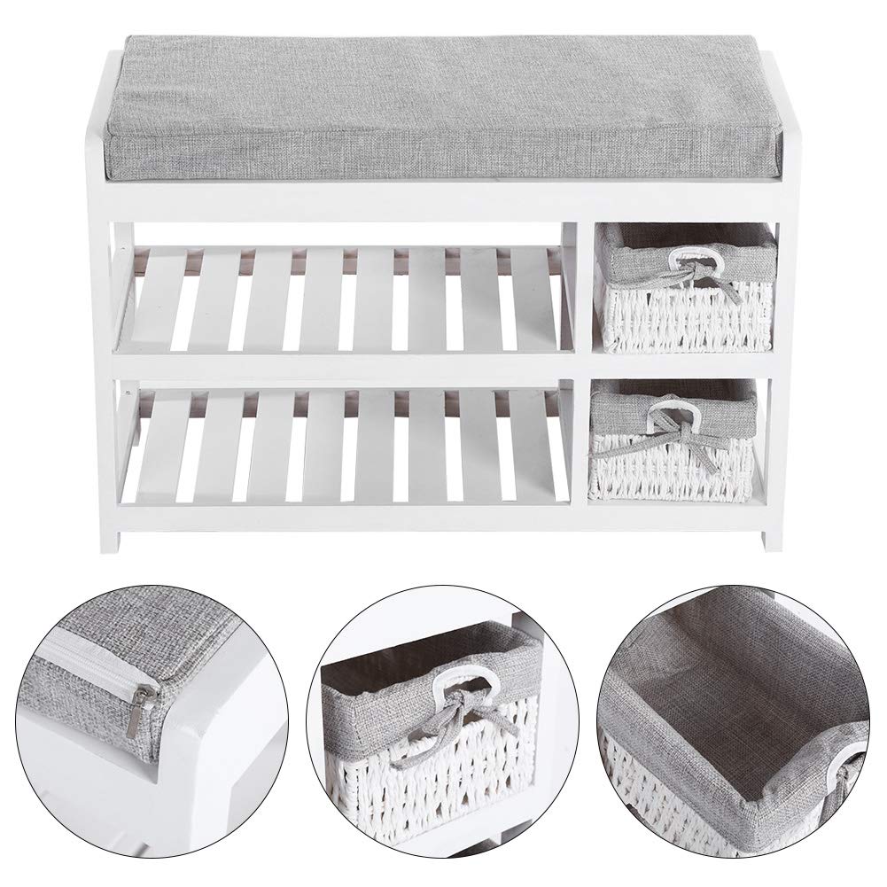 Wooden Shoe Bench with Cushioned Seat - Entryway Shoe Storage Organizer with Storage Basket - Perfect for Hallway, Closet & Mudroom Organization