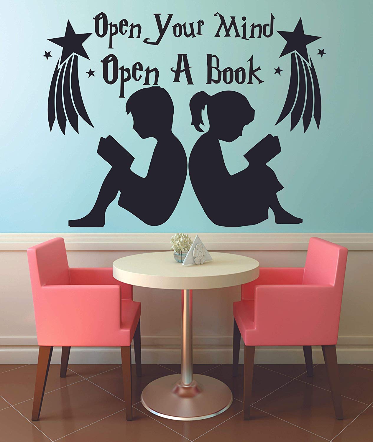 Open Your Mind Open A Book Reading Quotes Vinyl Wall Decal - 18x20 Inch Inspirational Wall Art for Kids Room, Nursery, Daycare & Kindergarten - Fun Educational Decor for Boys & Girls Bedrooms