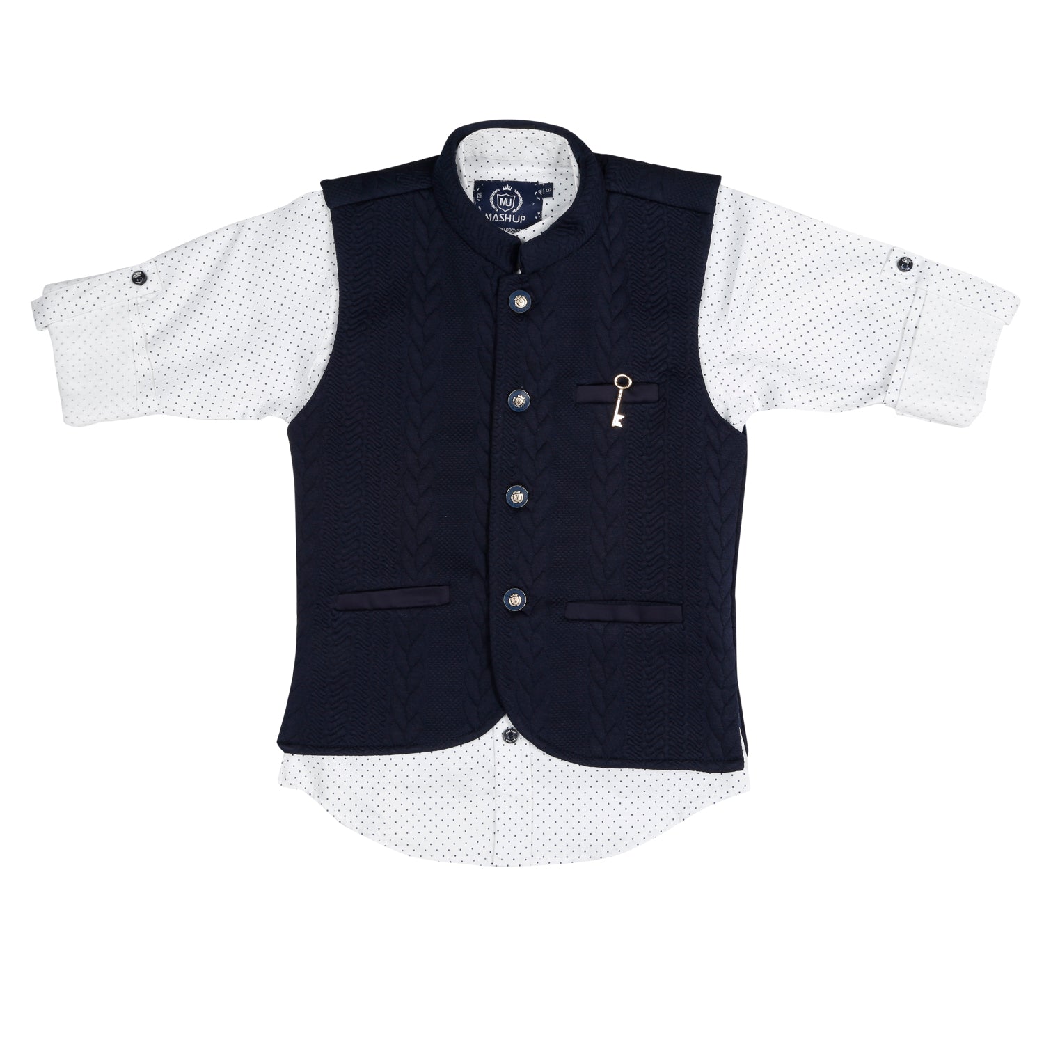 Stylish Navy Blue Self Textured Modi Jacket & Polka Dot Print Shirt - Trendy Casual Outfit for Men | Perfect for Office, Date Night & Weekend Wear