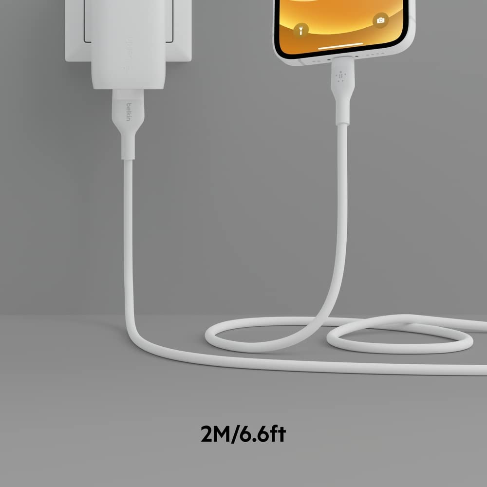 Belkin BoostCharge Flex Silicone USB-A to Lightning Cable (6.6FT/2M) - MFi Certified iPhone Charger for iPhone 14/13/12/11/X/8 & More - Durable & Tangle-Free with Cable Clip - Perfect for Home, Office & Travel - White