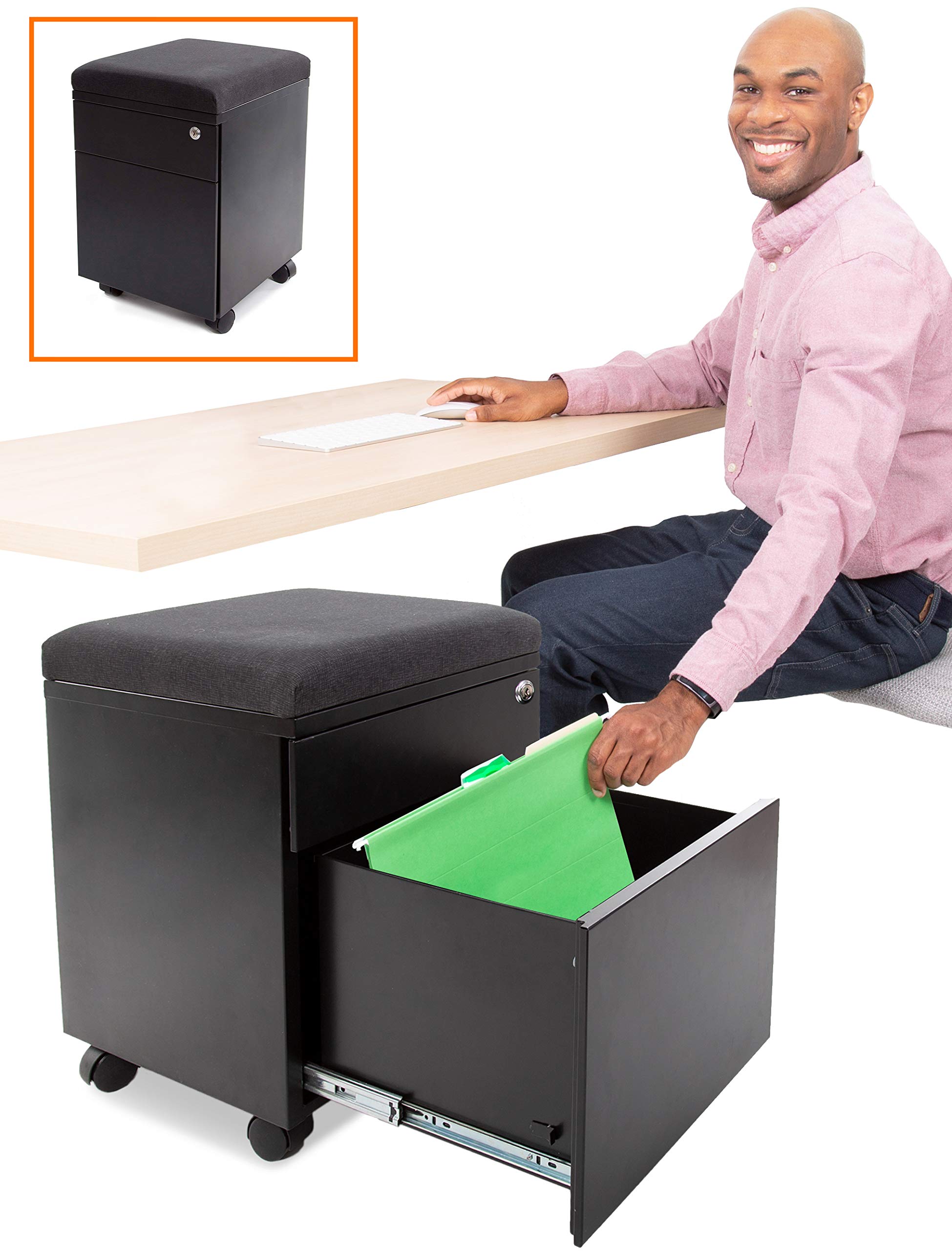 **Stand Steady Vert 2-Drawer Rolling File Cabinet with Locking Storage & Cushion Top – Mobile Office & Home Filing Cabinet for Extra Seating (Black) – Ideal for Small Spaces, Dorm Rooms & Workspaces**