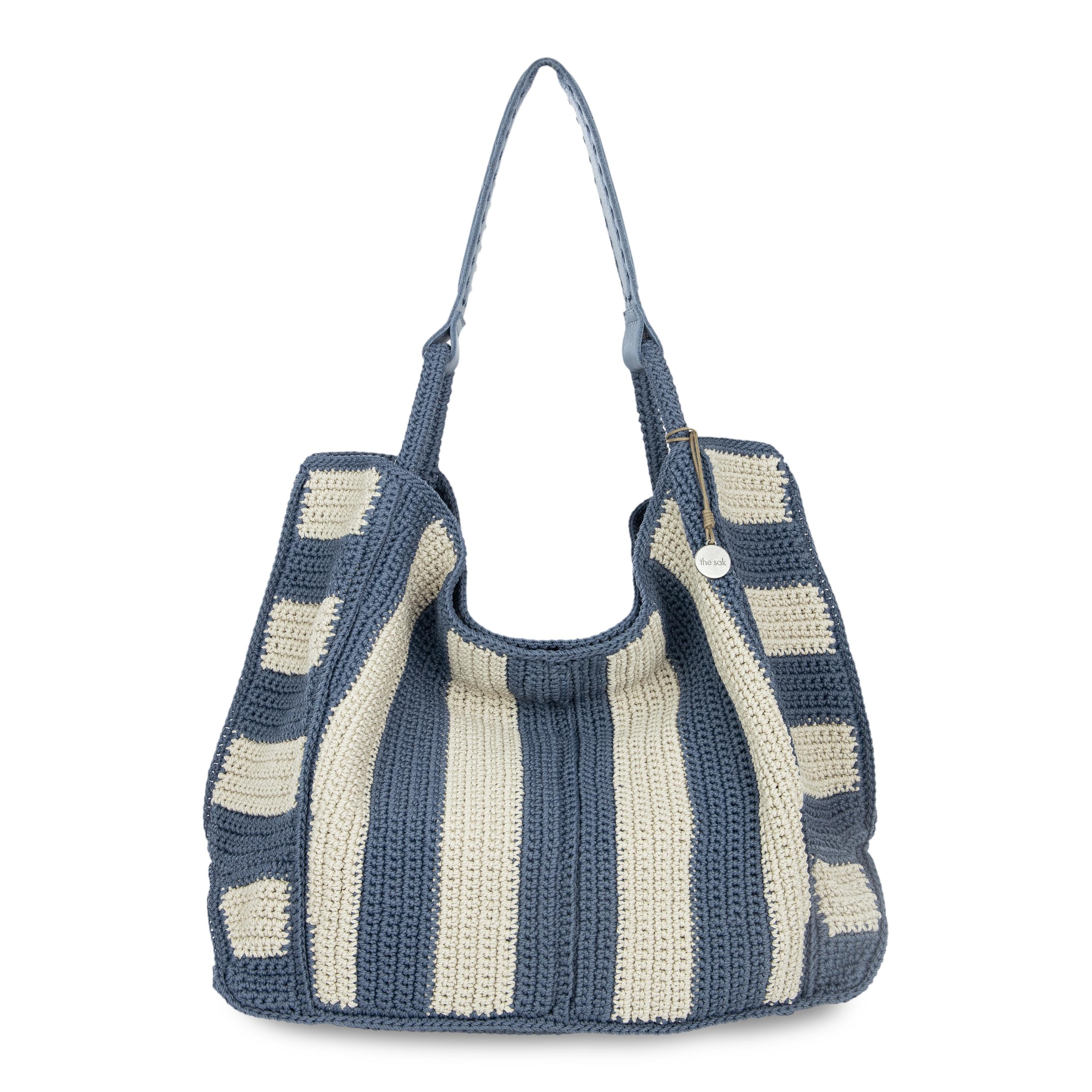 Los Feliz Large Hand Crochet Tote Bag - Nautical Maritime Stripe Design - Perfect for Beach, Shopping & Everyday Use