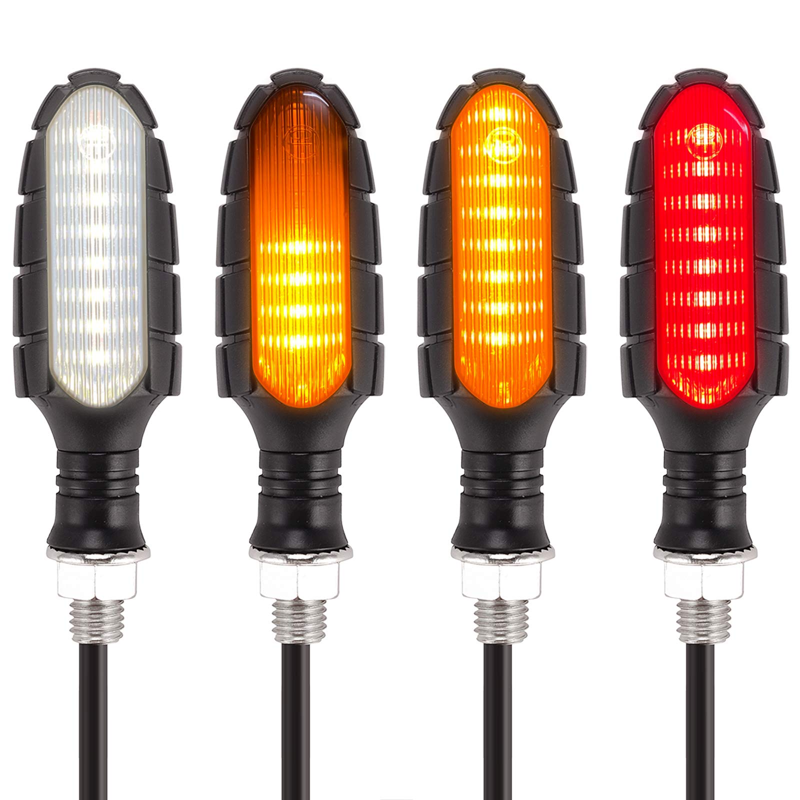 Kinstecks [New Version] 4PCS Motorcycle LED Turn Signals - Flowing Sequential Indicators with Daytime Running Lights, Brake Lights & Taillights - 12V Universal Fit for Harley, Honda, Yamaha & More - Perfect for Night Riding & Enhanced Safety