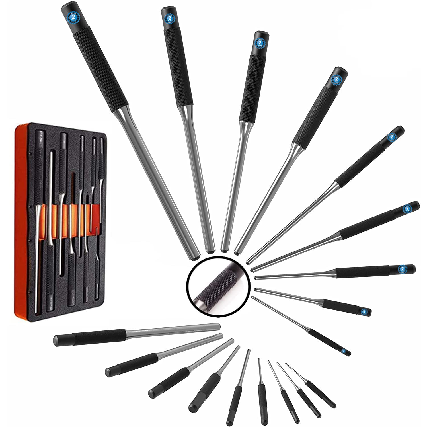 9-Piece Professional Steel Roll Pin Punch Set - Durable Multi-Size Round Head Pins with Steel Grip & Storage Case - Perfect for Automotive, Machinery, and DIY Repairs