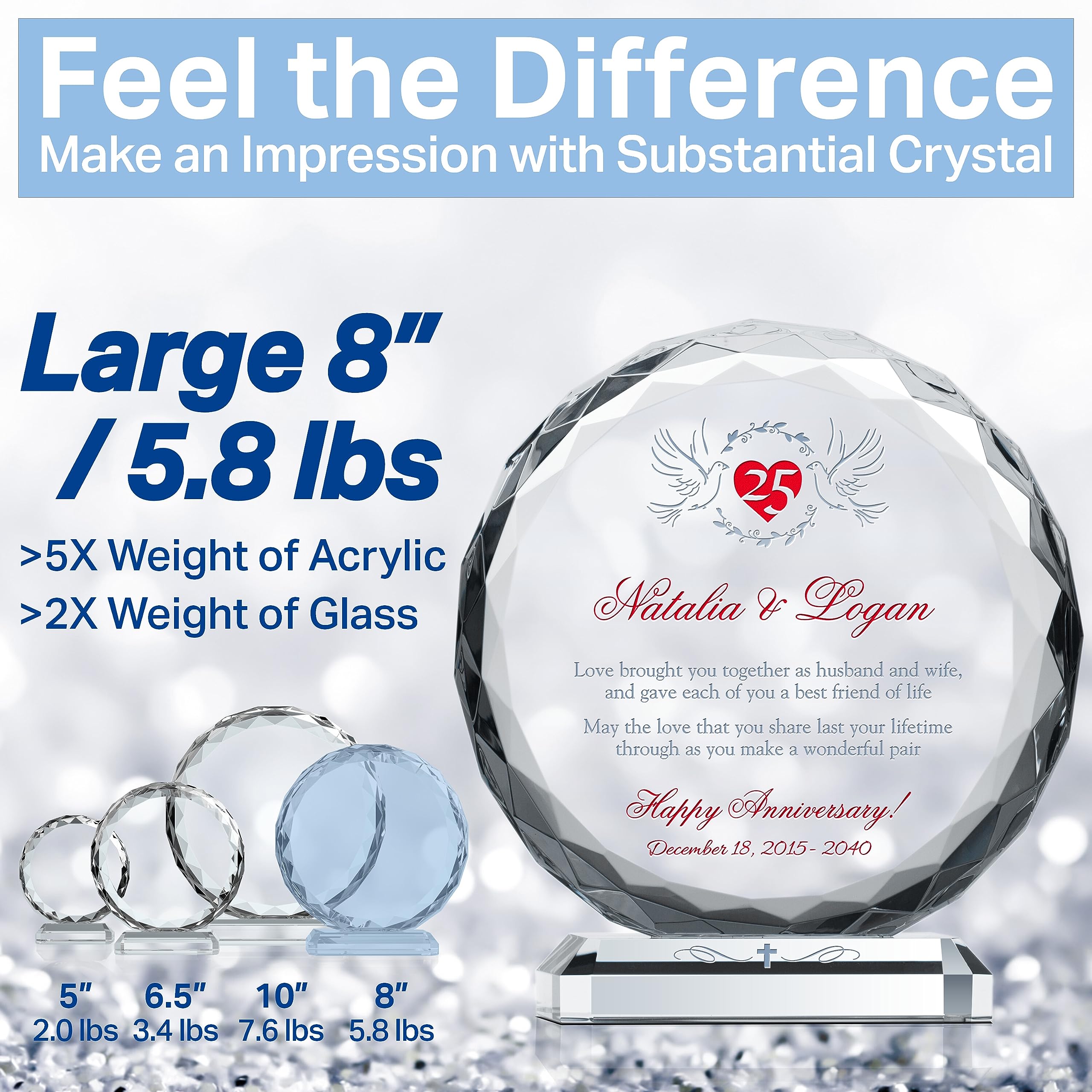 Custom Personalized Crystal Gift for 25th Silver Wedding Anniversary - Engraved with Couple Names & Date - Unique Keepsake for Husband & Wife - XL 10