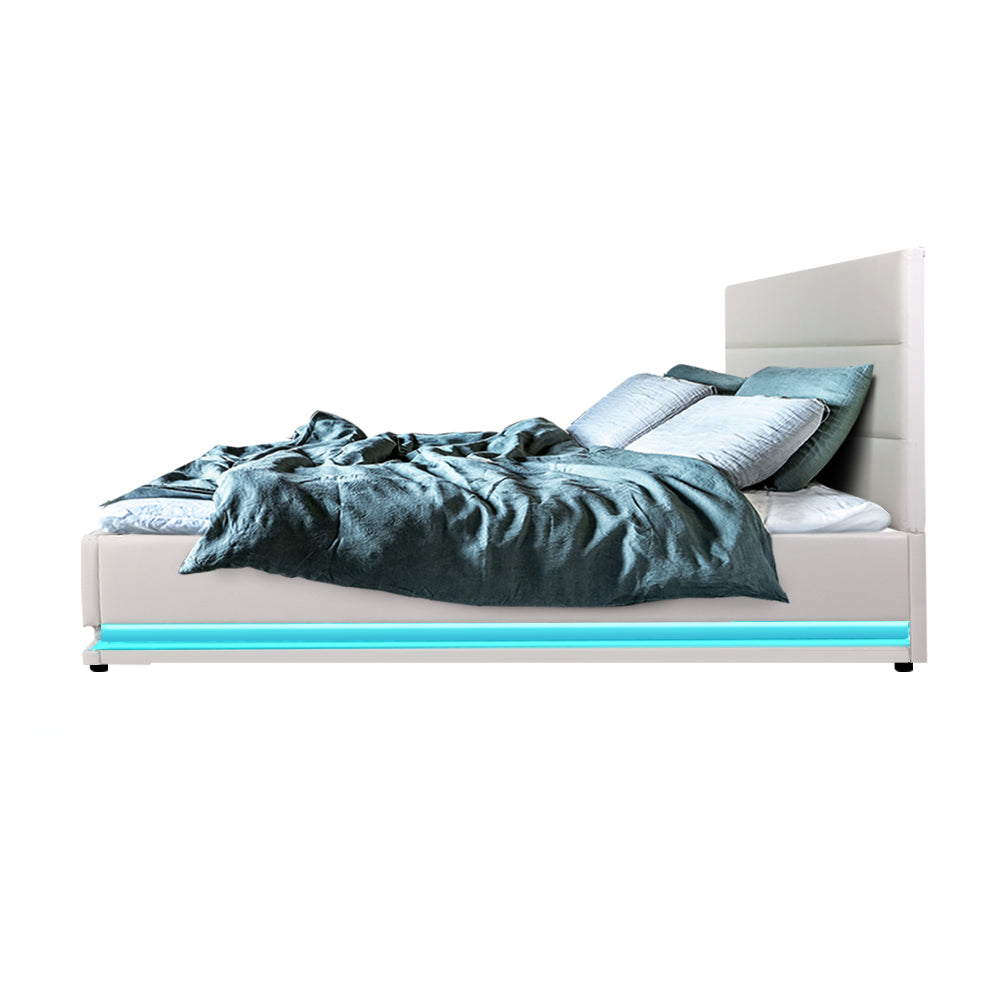 Henley Double Gas Lift Storage Bed Frame with LED Lights - White | Modern Platform Bed with Hidden Storage & Adjustable Lighting for Bedroom