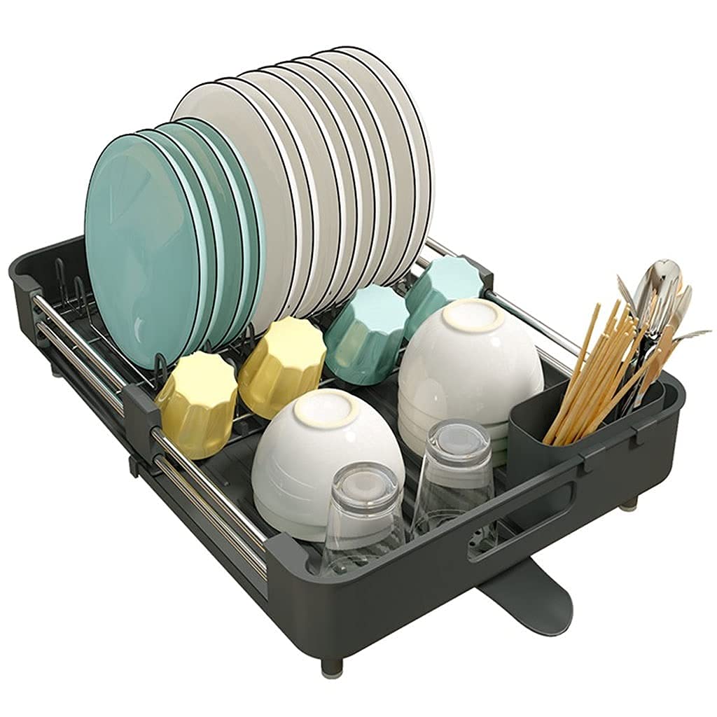 Stainless Steel Extendable Dish Rack - Adjustable Dual Layer Dish Drainer with Non-Scratch Coating & Drainage Spout | Space Saving Kitchen Organizer for Countertop, Sink, or Cabinet (Perfect for Small Apartments & RVs)