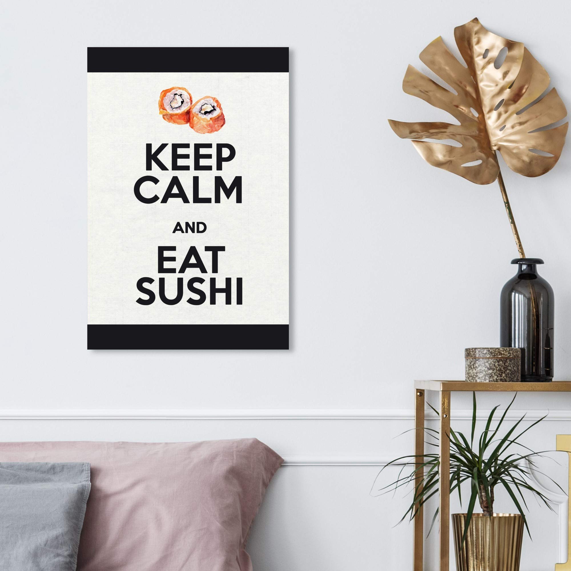Wynwood Studio 'Eat Sushi Rolls' Canvas Wall Art Print - 16x24 Inch Modern Japanese Food Decor for Kitchen, Dining Room & Restaurant - Pink and White Framed Home Décor