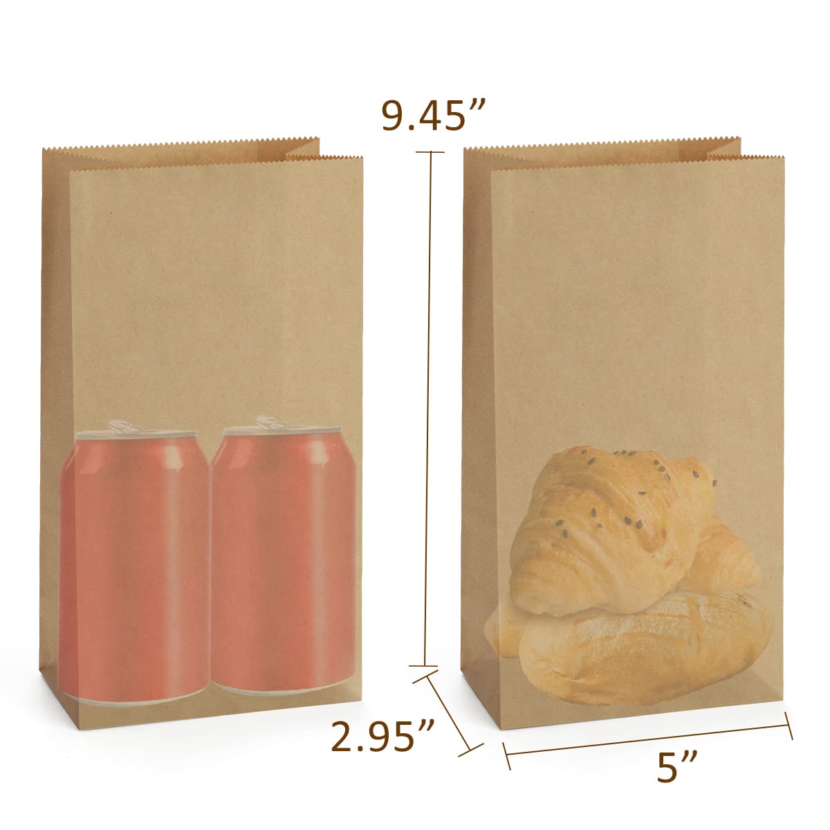 SHOPDAY 100 Pack Brown Kraft Paper Lunch Bags - 4lb Capacity, 5x2.95x9.45 Inches - Eco-Friendly Disposable Fold Top Sandwich Bags for School, Office, Picnics & Parties