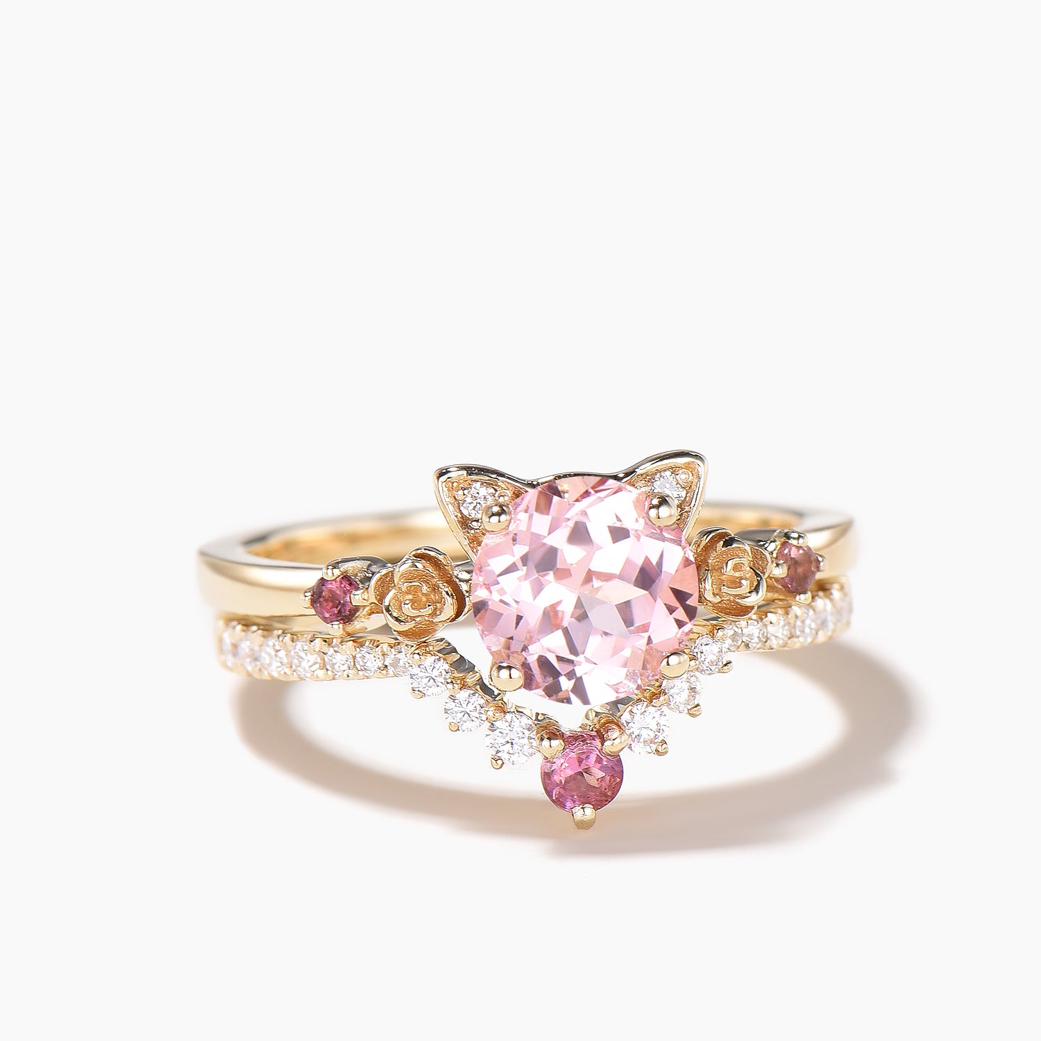 Exquisite Round Cut Padparadscha Sapphire & Diamond Floral Bridal Ring Set – Elegant Cat & Tourmaline Accents for Engagement, Wedding, or Anniversary Gifts