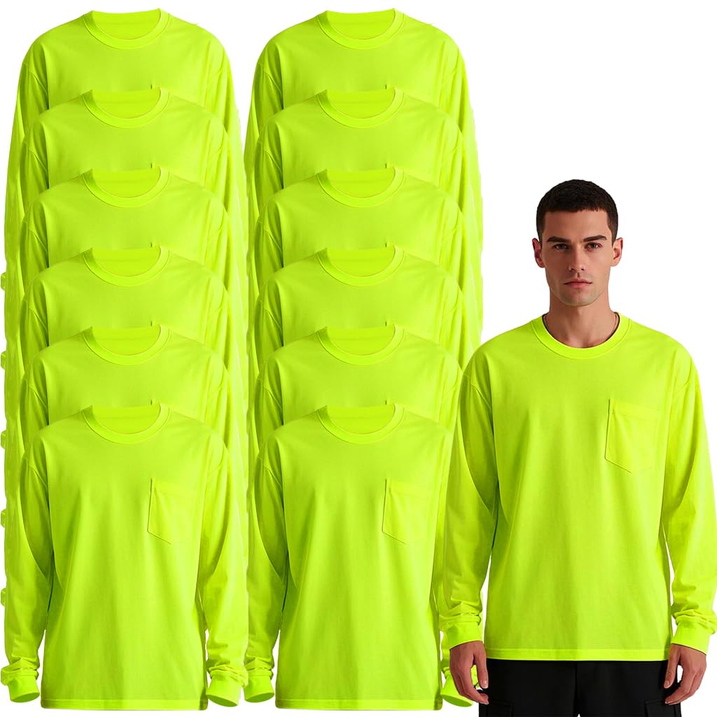 High Visibility Safety T-Shirts - Long Sleeve Hi-Vis Performance Athletic Shirts (Multipack) for Construction, Running & Outdoor Work