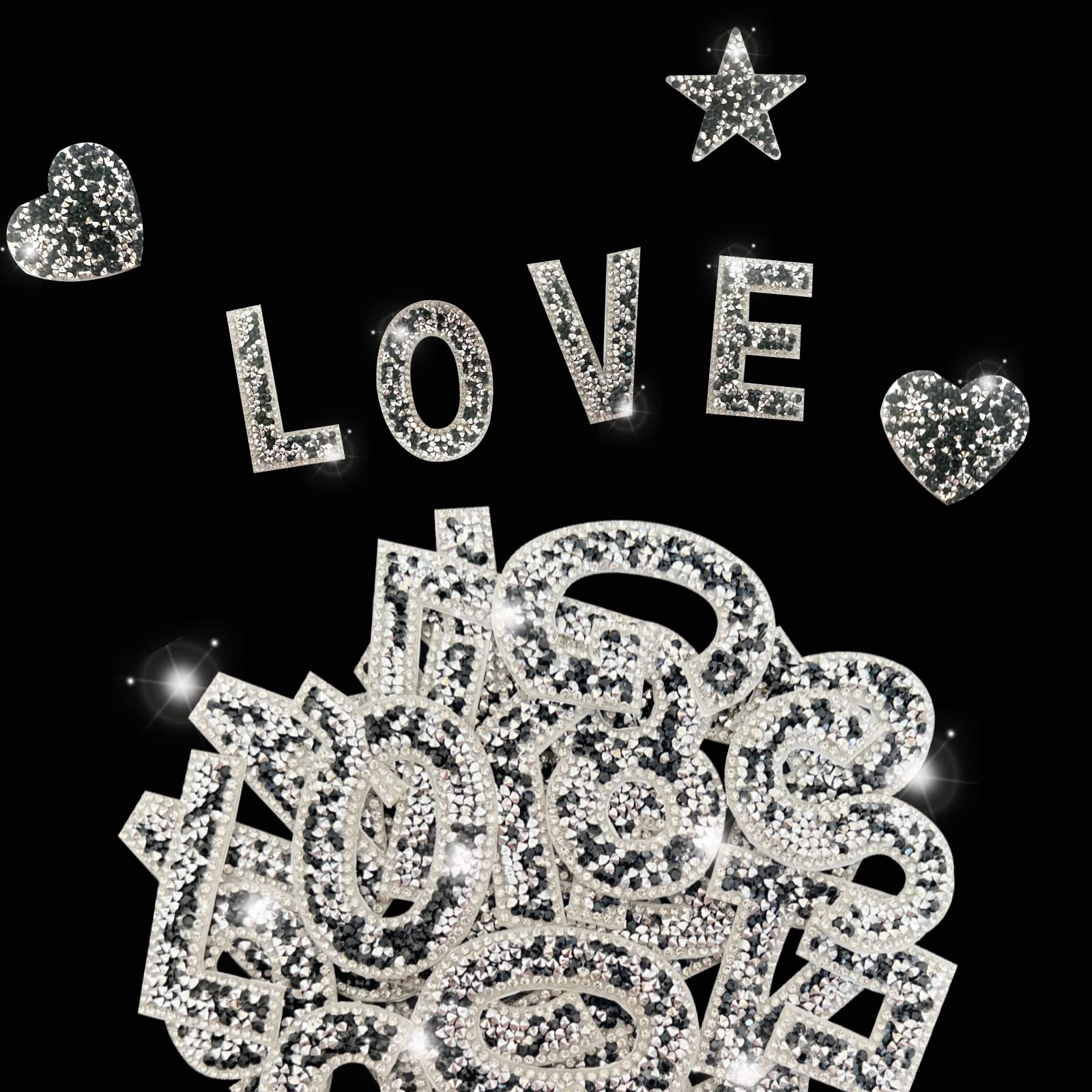 47 Pieces Large Rhinestone Letter Stickers - 26 Self-Adhesive Alphabet Stickers, 10 Crystal Number Stickers & Heart Stickers for DIY Clothing, Jeans, Hats, Shoes, Bags - Sparkling Black Glitter Decoration for Parties, Crafts & Personalization