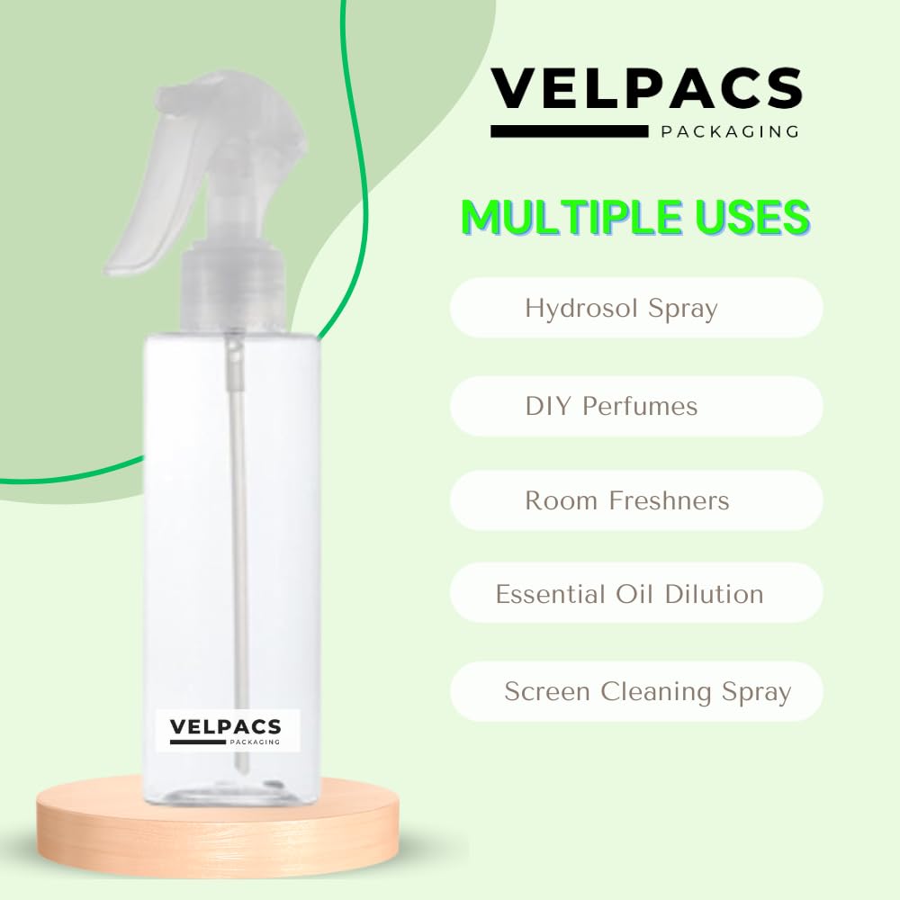 Velpacs 200ml Empty Plastic Spray Bottle with Trigger Sprayer - Pack of 2 | Refillable Hair Mist Bottle for Rosemary Oil, Perfume, Rosewater | Travel Size for DIY Beauty, Home Cleaning & Gardening Use