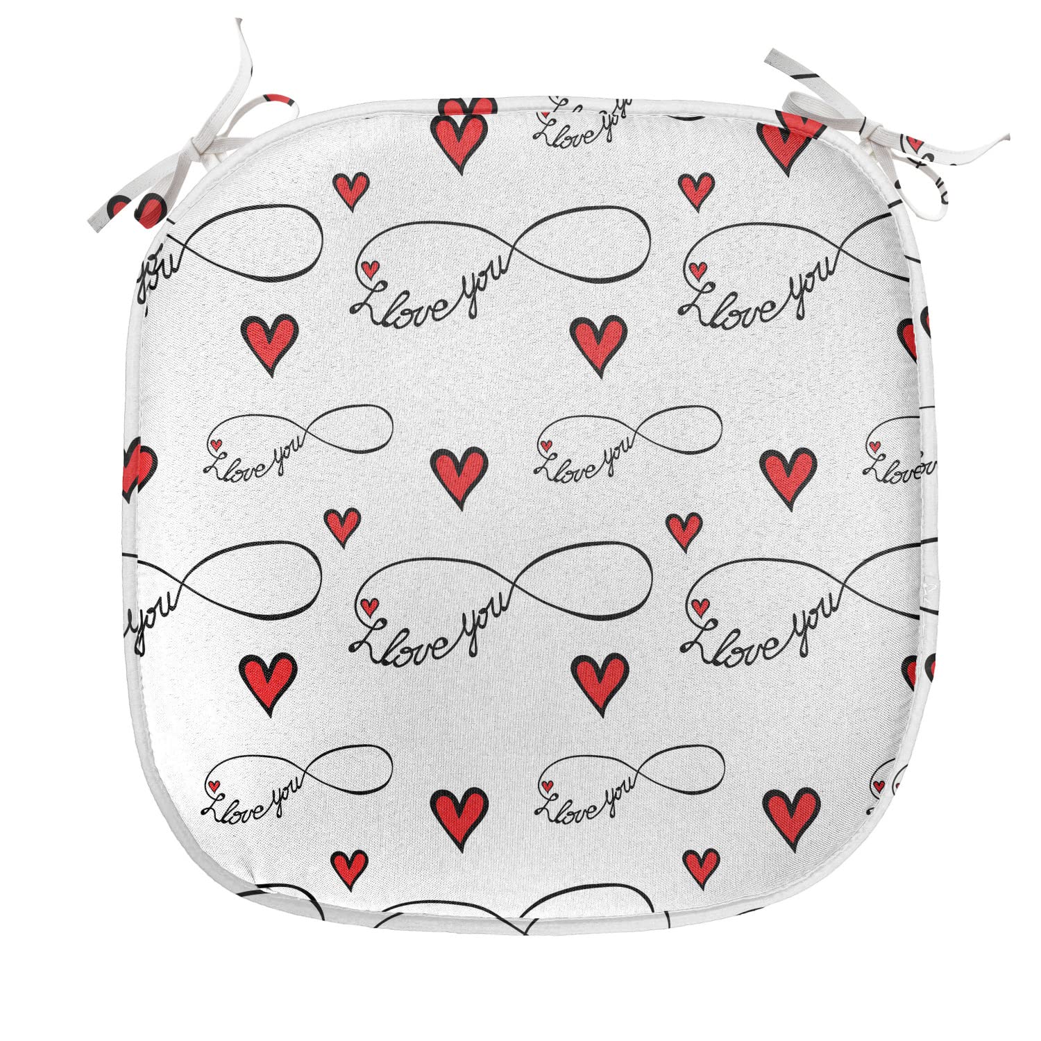 Ambesonne I Love You Chair Cushion Set of 8 - Romantic Red Hearts Valentine's Day Gift, Non-Slip Seat Pads for Kitchen, Dining, Patio & Office (16x16 Inch, Red Black White) - Perfect for Couples Gifts, Anniversary Decor & Home Accents