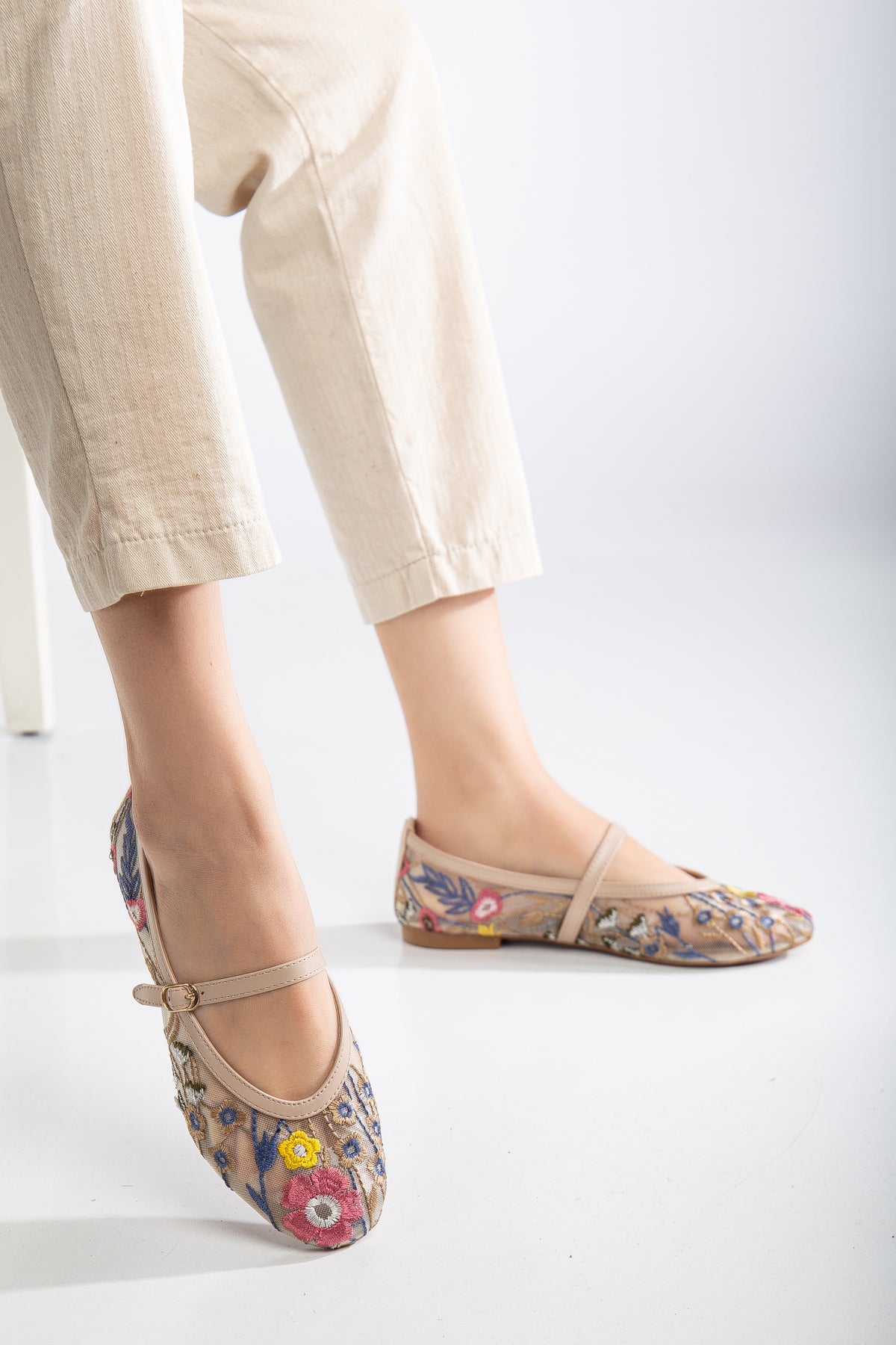 Fauna Beige Mesh Mary Jane Flats for Women - Comfortable & Breathable Casual Shoes for Work, Walking & Everyday Wear