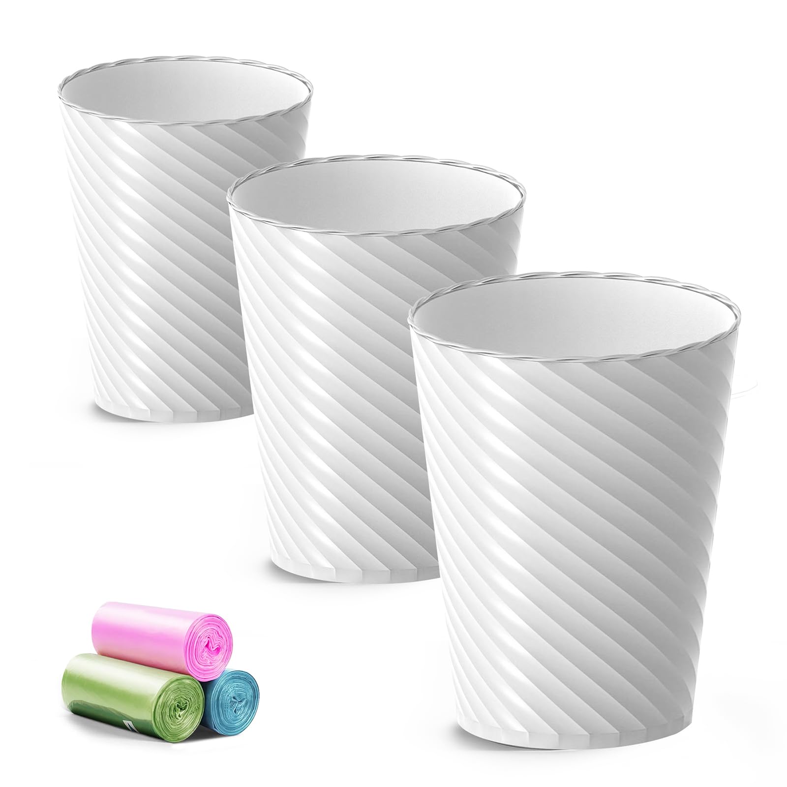 3-Pack Small Bathroom Trash Can 1.8 Gallon with Liners - Round Plastic Waste Basket for Bathroom, Bedroom, Office & Kitchen - Space-Saving Compact Design (White) - Perfect for Tight Spaces & Small Rooms
