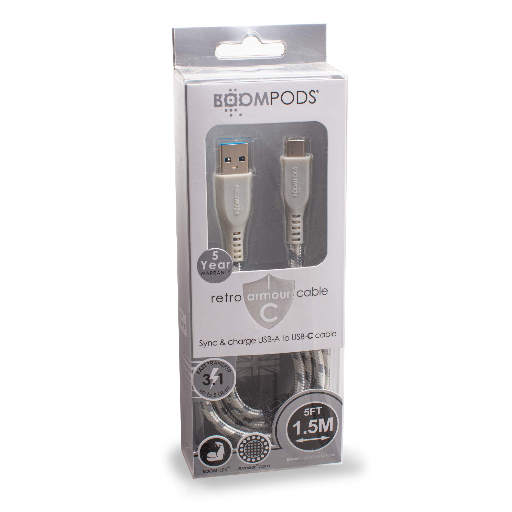BoomPods Retro Armored USB-C to USB Braided Cable 1.5m (Titanium) - Durable Fast Charging Cord for iPhone, Android, Laptop, Gaming & Travel Accessories