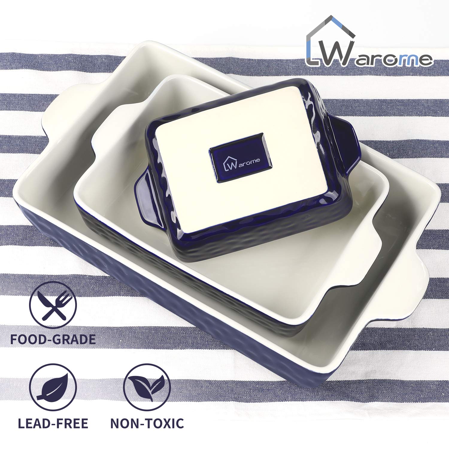 Warome 3-Piece Ceramic Baking Dish Set - Oven Safe Rectangular Casserole Pan with Handles for Cooking, Baking, Roasting | Perfect for Cakes, Lasagna, Casseroles & Family Dinners | Durable Bakeware for Home Kitchen & Entertaining