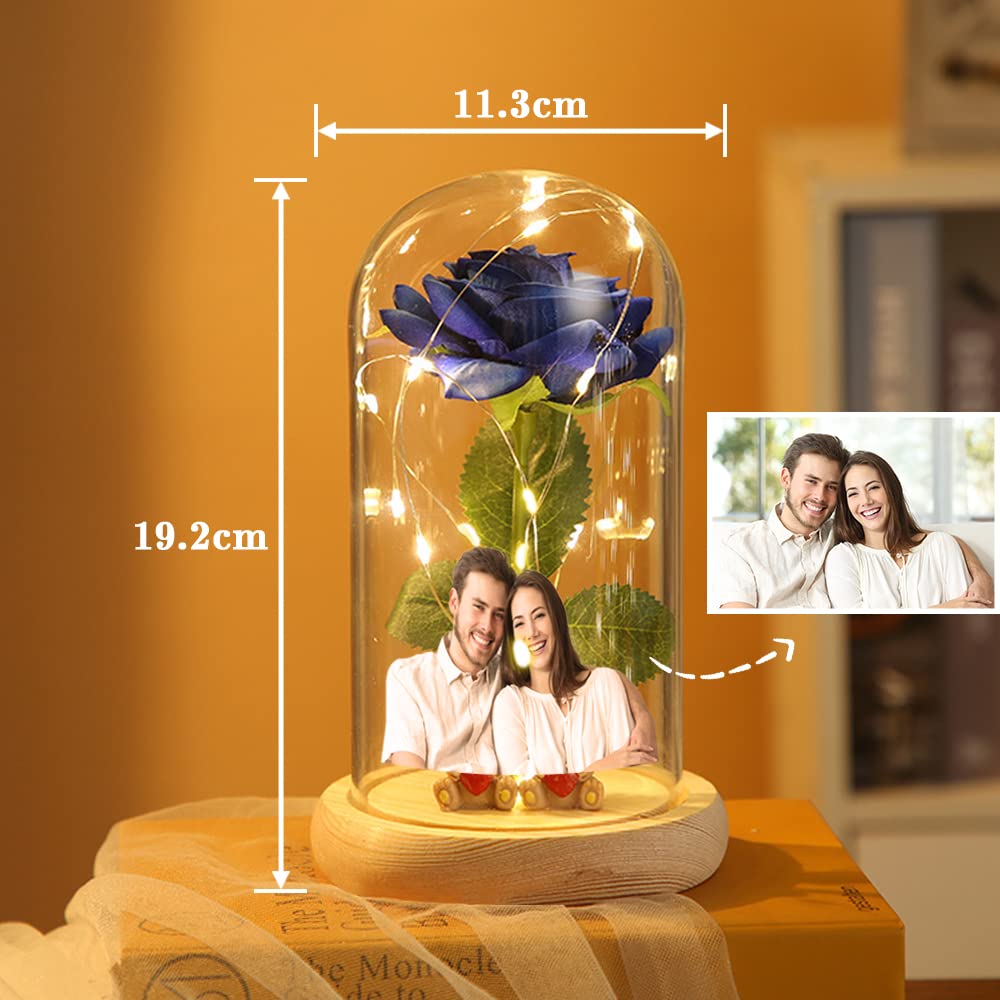 Custom Photo Text Red Silk Eternal Rose in Glass Dome with LED Light & Wood Base - Valentine's Day Home Decor, Anniversary Gift for Wife, Romantic Preserved Flower for Wedding Centerpiece & Bedroom Decoration