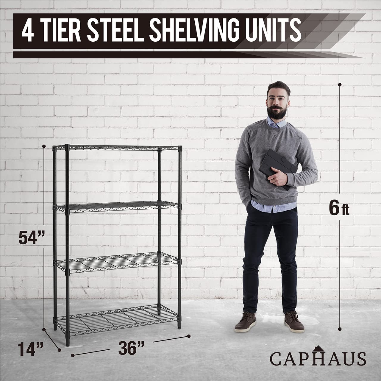 CAPHAUS 4-Tier Adjustable Height Wire Shelving Unit - Heavy Duty Metal Steel Storage Rack for Garage, Kitchen, Pantry & Closet Organization - Black Utility Shelf Without Wheels